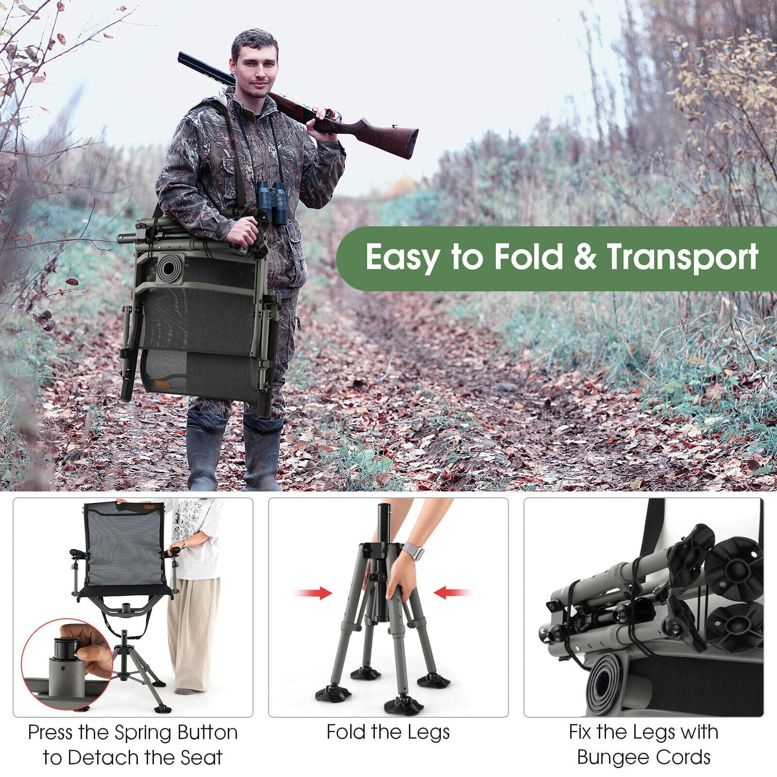 360 Degree Silent Swivel Hunting Chair-Black - Energize Trek