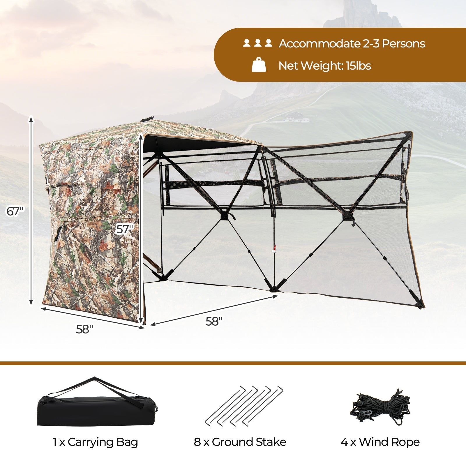 360° One Way See Through Hunting Blind Ground Blind with Portable Carrying Bag - Energize Trek