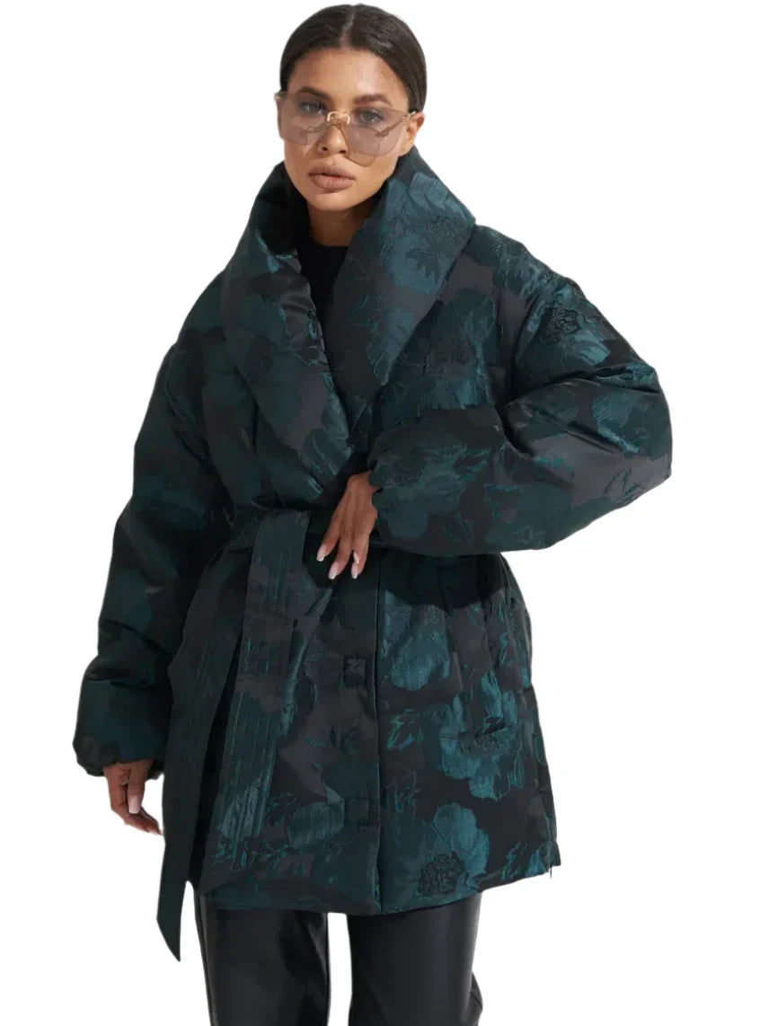 Monochrome Jacquard Down Coat in Vintage Emerald - Energize Trek