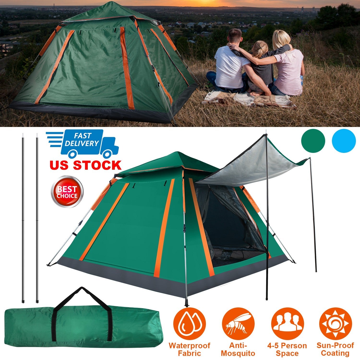 4-5 Person Camping Tent Outdoor Foldable Waterproof Tent with 2 Mosquito Nets Windows Carrying Bag for Hiking Climbing Adventure Fishing - Energize Trek