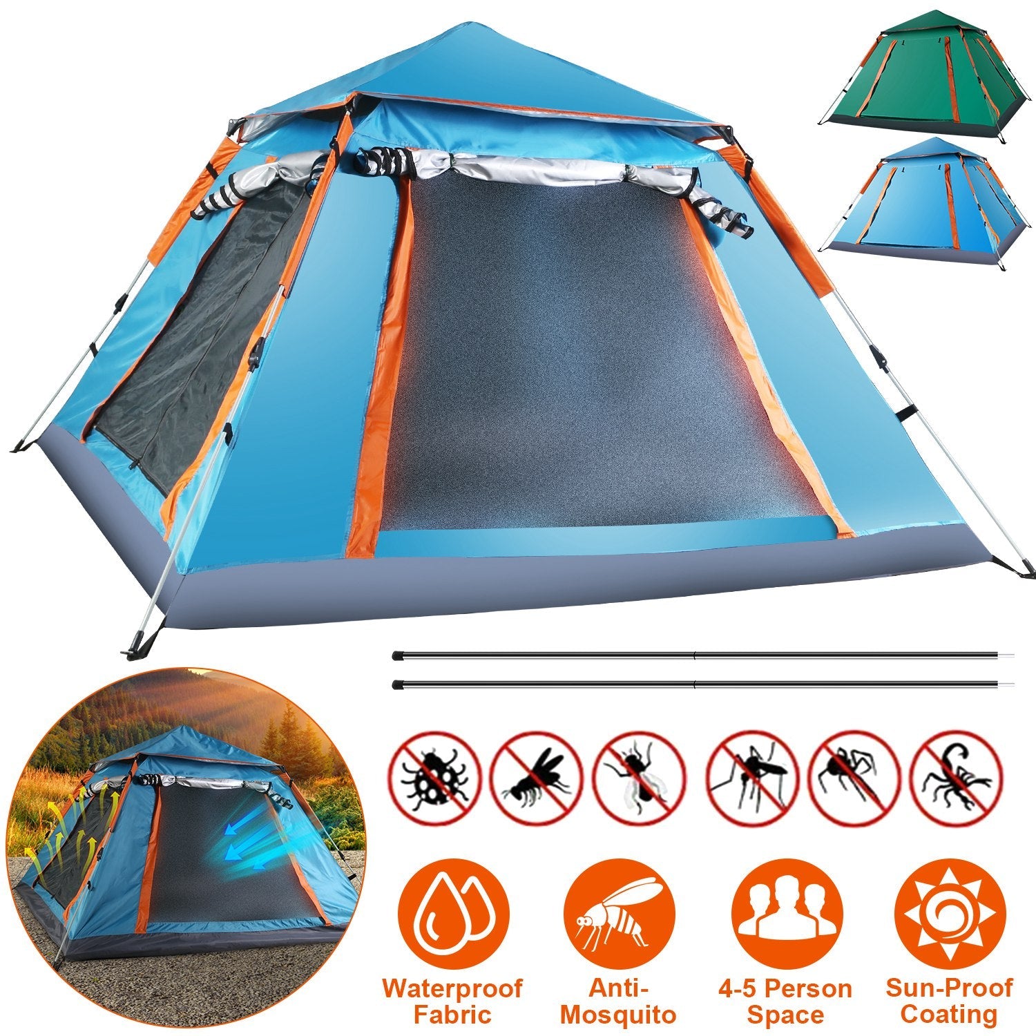 4-5 Person Camping Tent Outdoor Foldable Waterproof Tent with 2 Mosquito Nets Windows Carrying Bag for Hiking Climbing Adventure Fishing - Energize Trek