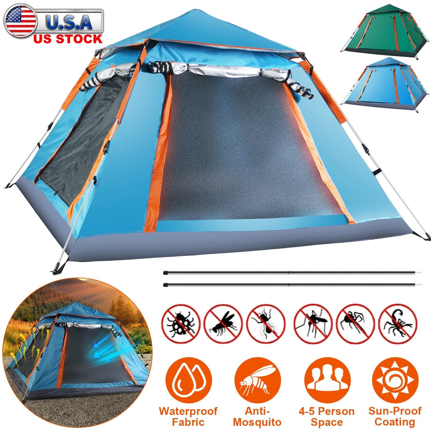 4-5 Person Camping Tent Outdoor Foldable Waterproof Tent with 2 Mosquito Nets Windows Carrying Bag for Hiking Climbing Adventure Fishing - Energize Trek