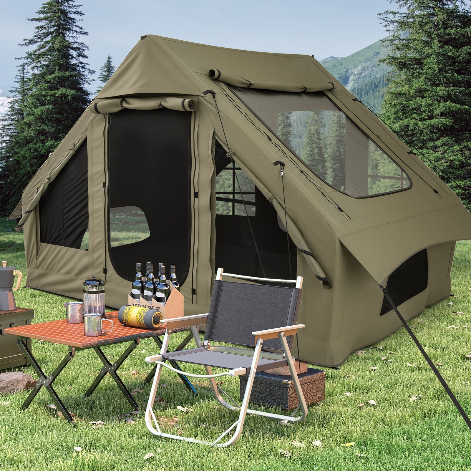 4-6 People Inflatable Camping Tent with 4 Mesh Screen Windows and 2 Doors - Energize Trek