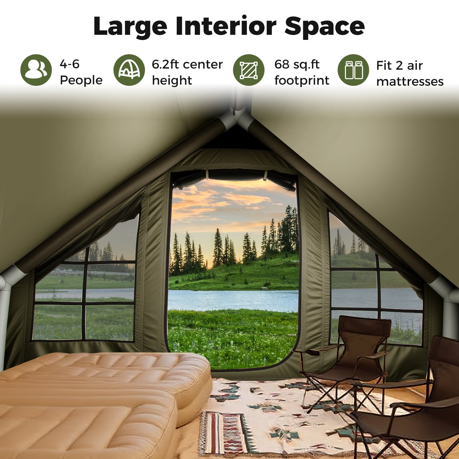 4-6 People Inflatable Camping Tent with 4 Mesh Screen Windows and 2 Doors - Energize Trek