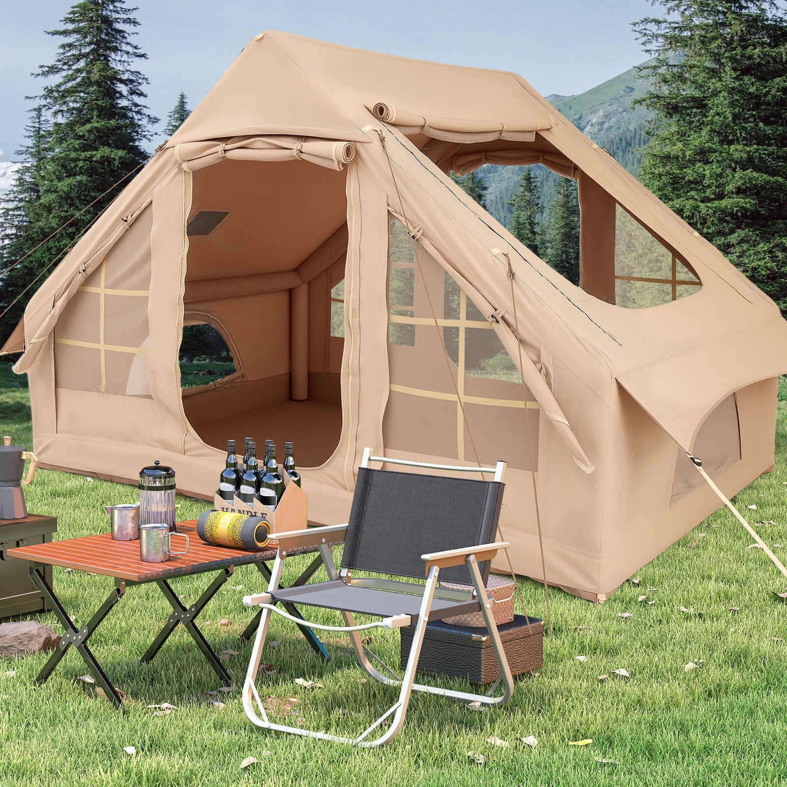 4-6 People Inflatable Camping Tent with 4 Mesh Screen Windows and 2 Doors - Energize Trek