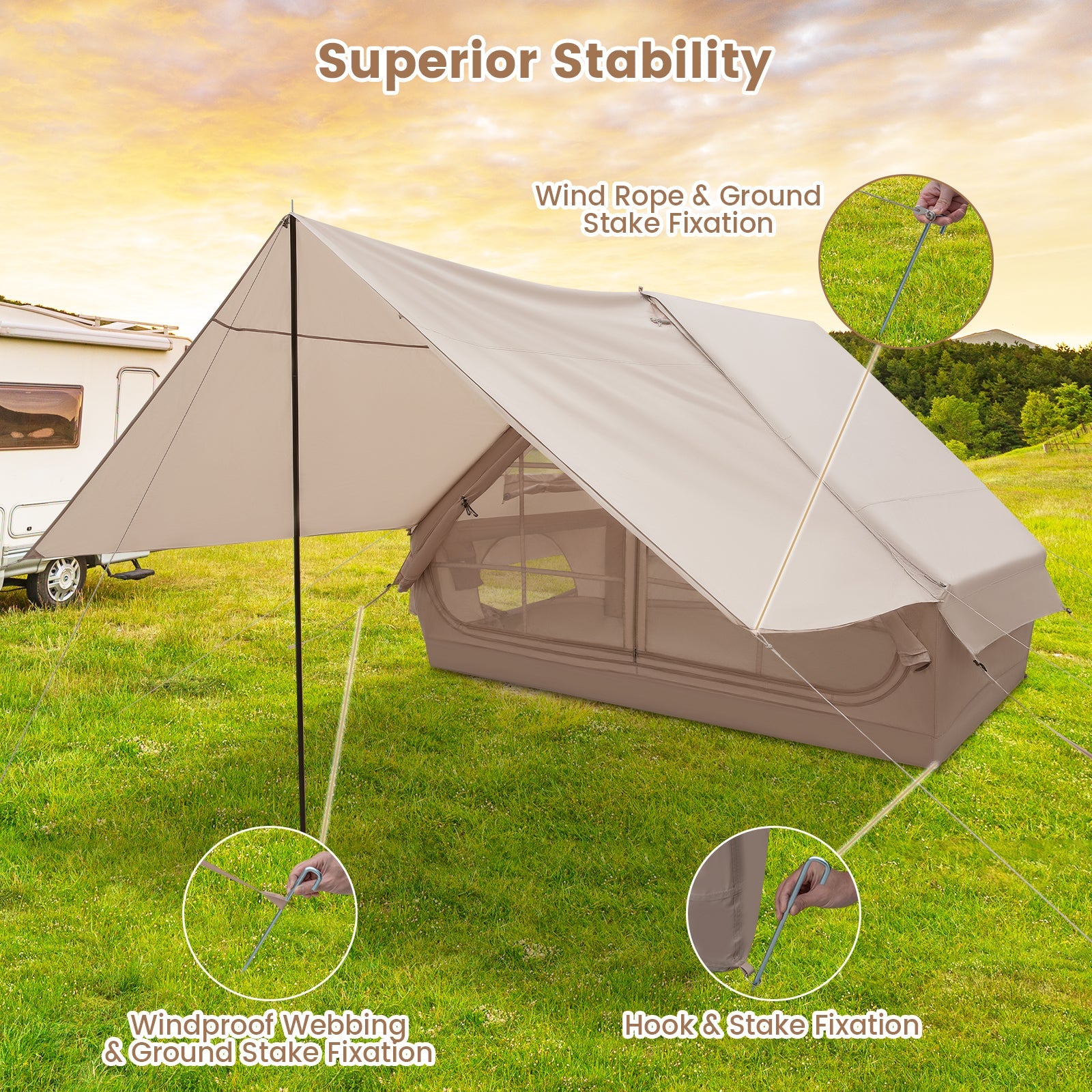 4-6 People Inflatable Camping Tent with Porch and Carrying Bag-Beige - Energize Trek
