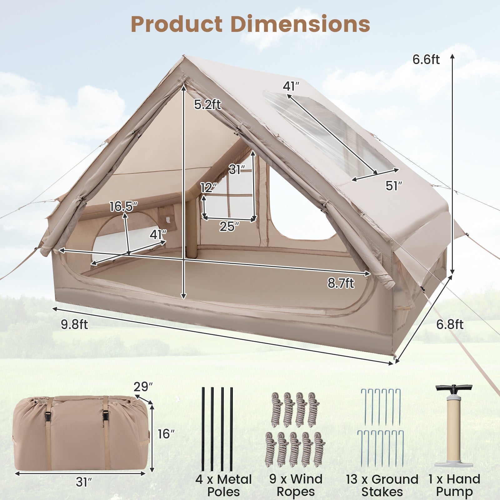 4-6 People Inflatable Camping Tent with Porch and Carrying Bag-Beige - Energize Trek