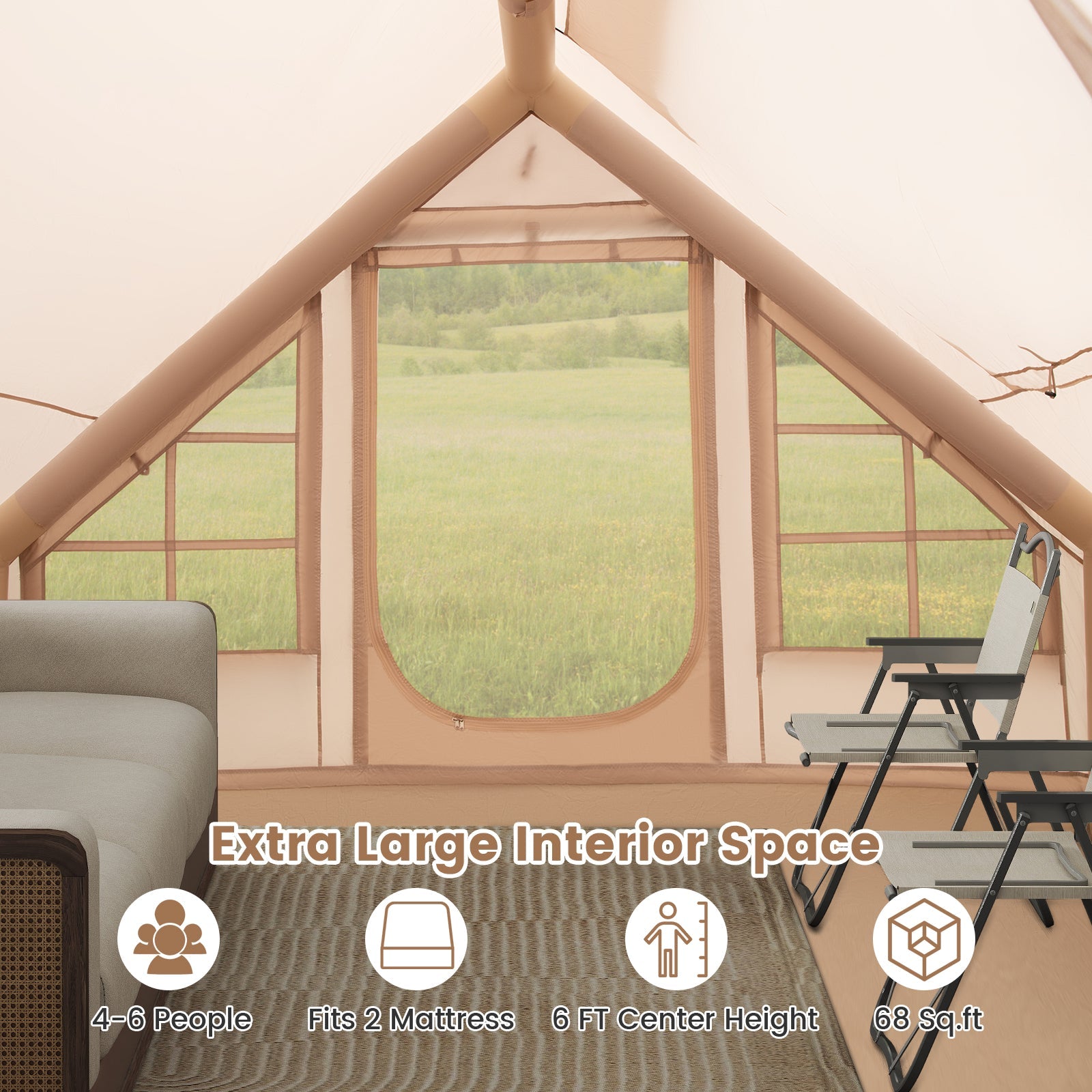4-6 People Inflatable Camping Tent with Porch and Carrying Bag-Beige - Energize Trek