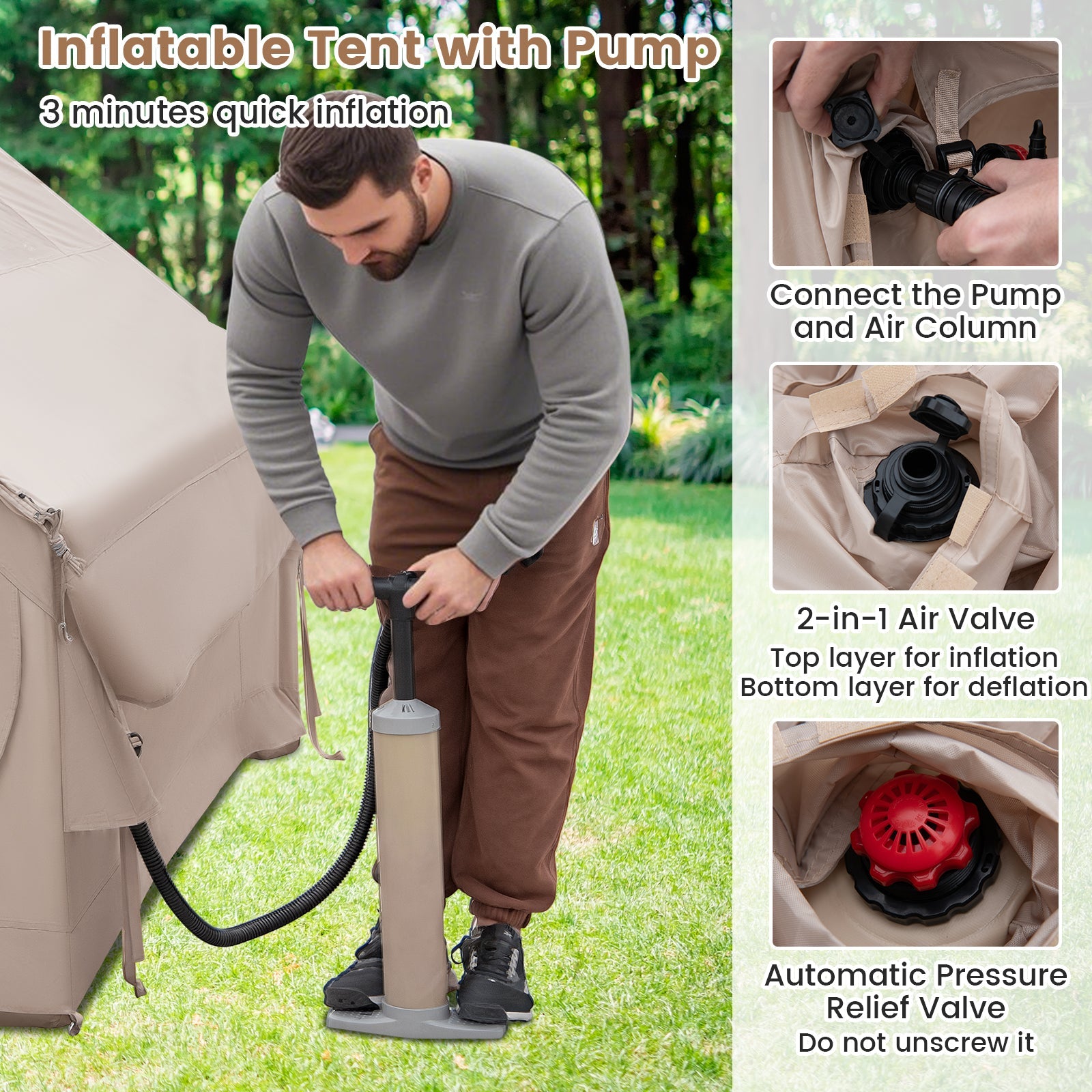 4-6 People Inflatable Camping Tent with Porch and Carrying Bag-Beige - Energize Trek