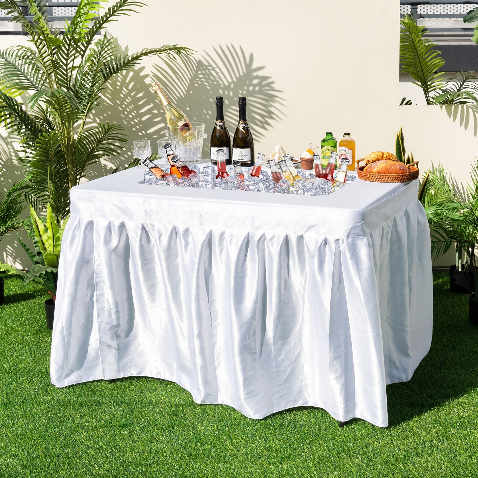 4 Feet Folding Ice Bin Table with Skirt for Camping Picnic Wedding with Ice Bucket-White - Energize Trek