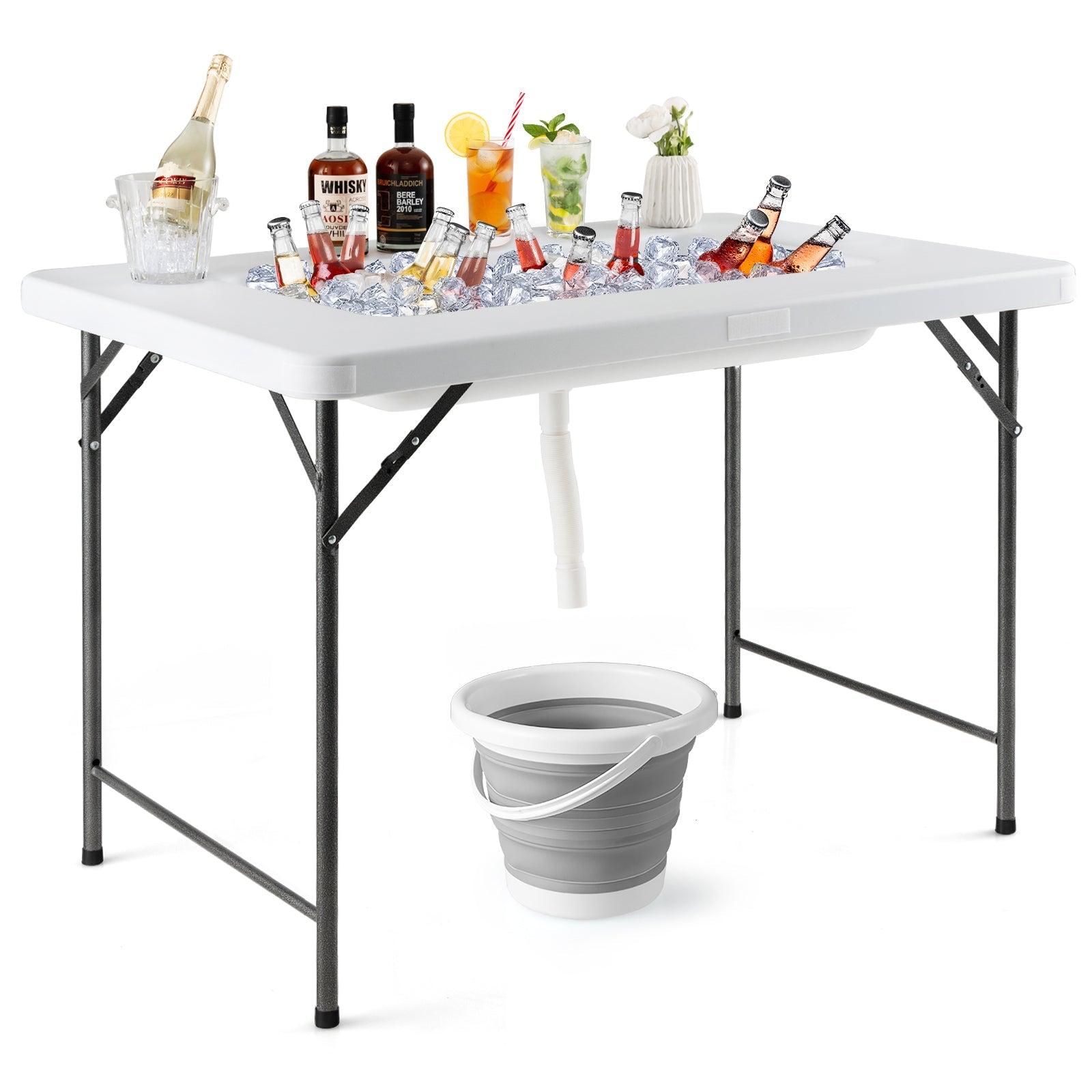 4 Feet Folding Ice Bin Table with Skirt for Camping Picnic Wedding with Ice Bucket-White - Energize Trek