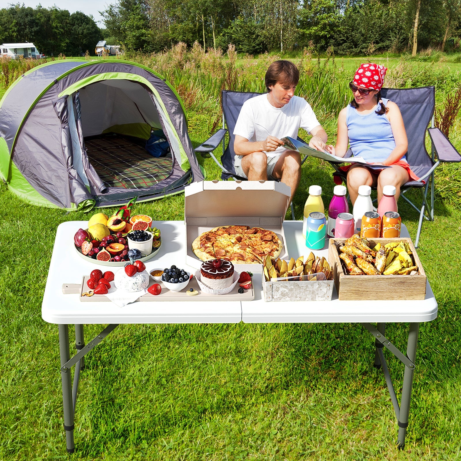 4 Feet Portable Camping Table with HDPE Tabletop and Metal Legs-White - Energize Trek