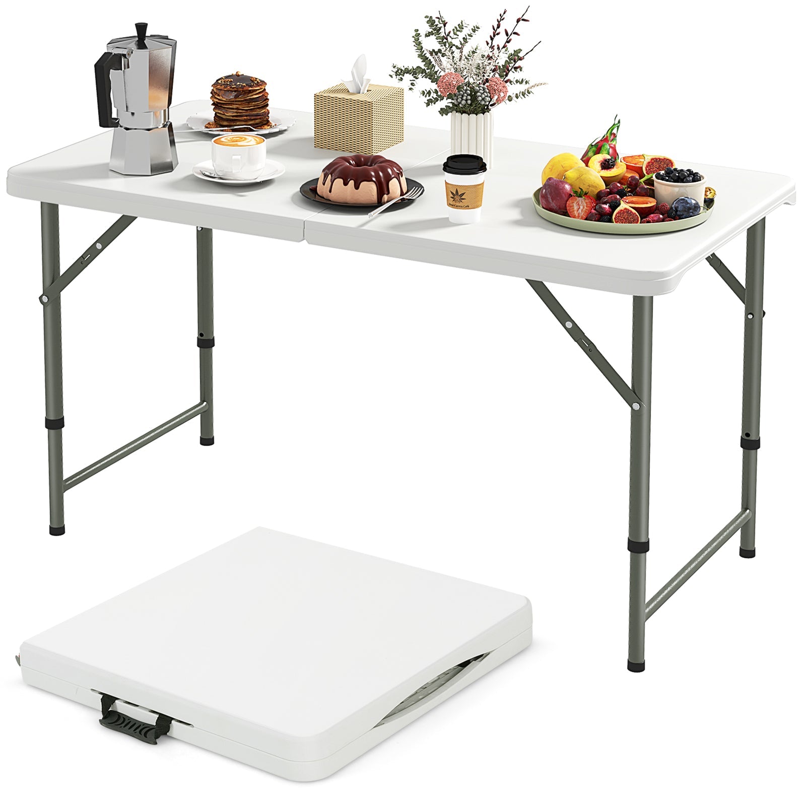 4 Feet Portable Camping Table with HDPE Tabletop and Metal Legs-White - Energize Trek