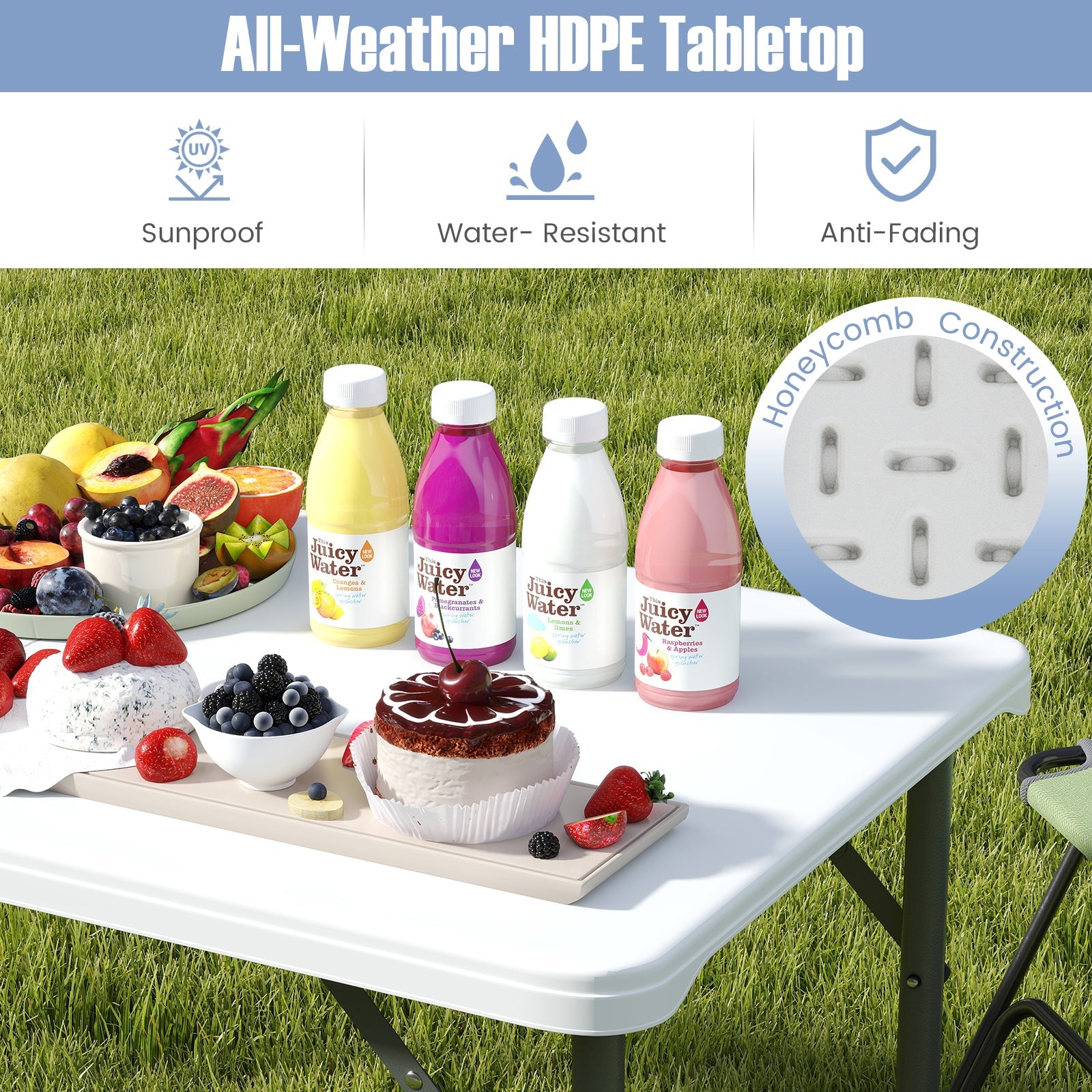 4 Feet Portable Camping Table with HDPE Tabletop and Metal Legs-White - Energize Trek