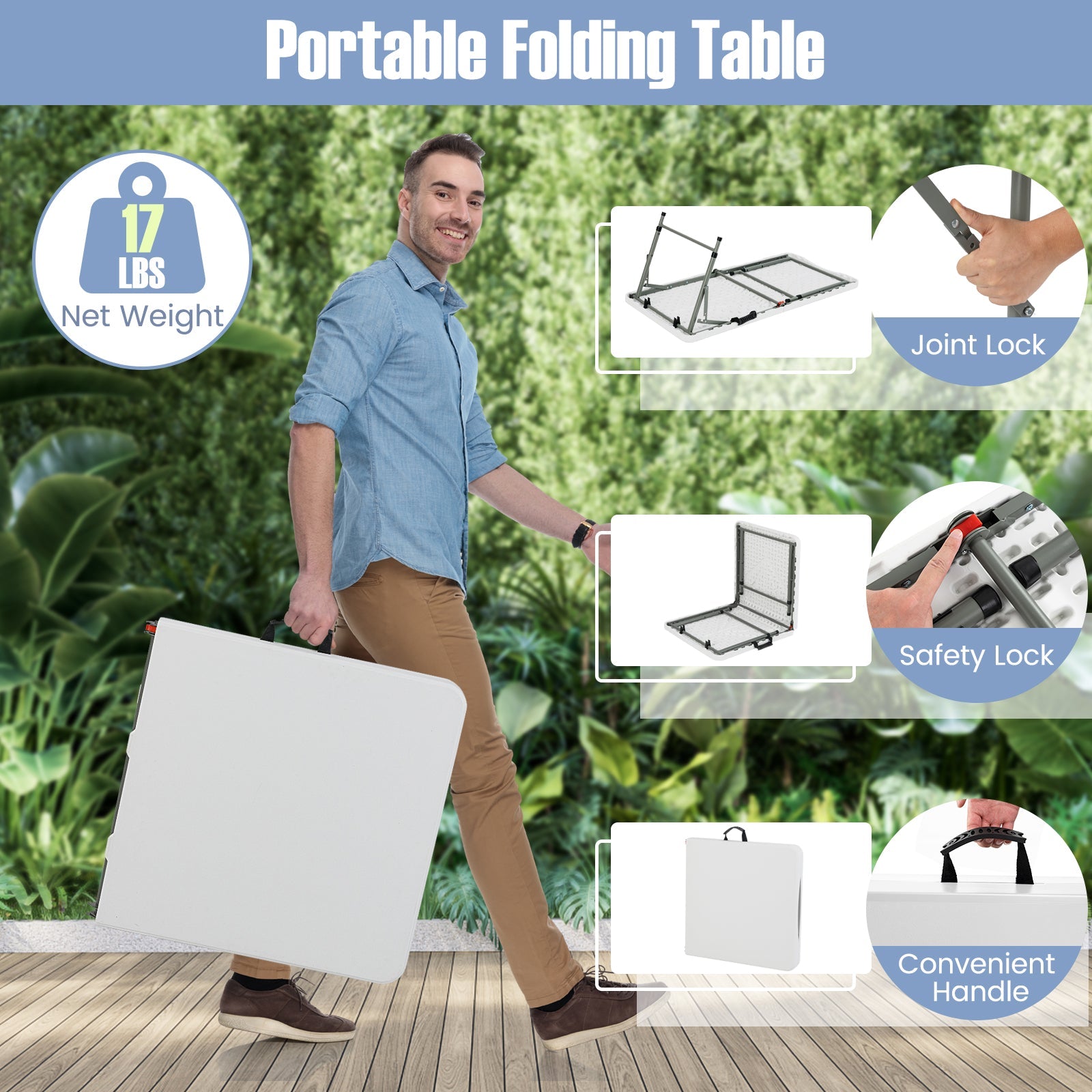 4 Feet Portable Camping Table with HDPE Tabletop and Metal Legs-White - Energize Trek