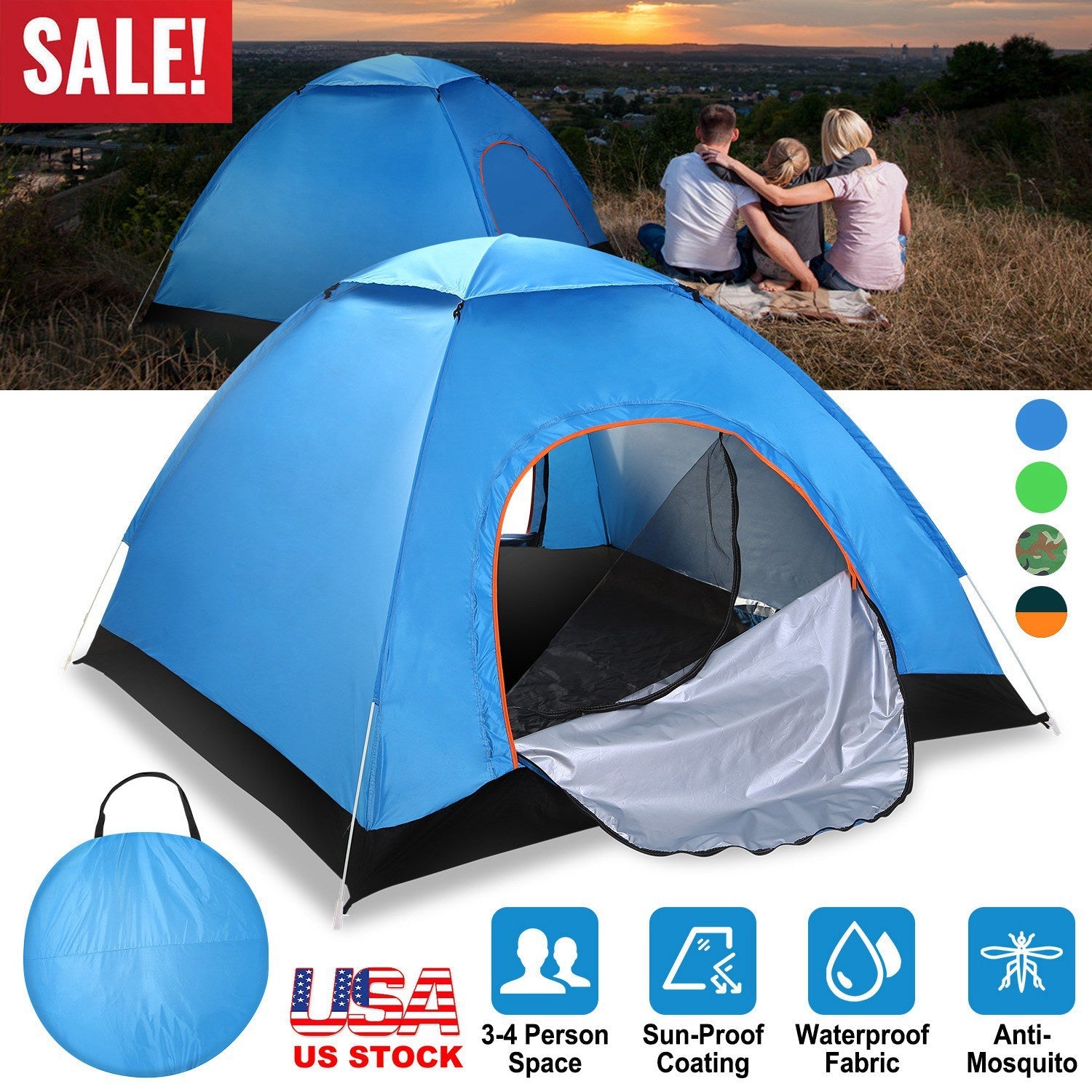 4 Persons Camping Waterproof Tent Pop Up Tent Instant Setup Tent w/2 Mosquito Net Doors Carrying Bag Folding 4 Seasons for Hiking Climbing Adventure F - Energize Trek