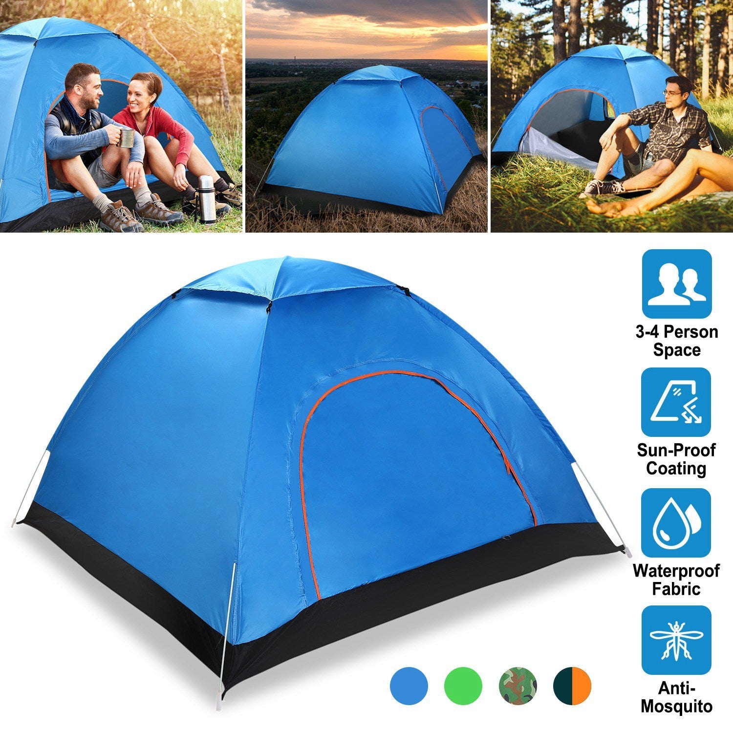 4 Persons Camping Waterproof Tent Pop Up Tent Instant Setup Tent w/2 Mosquito Net Doors Carrying Bag Folding 4 Seasons for Hiking Climbing Adventure F - Energize Trek