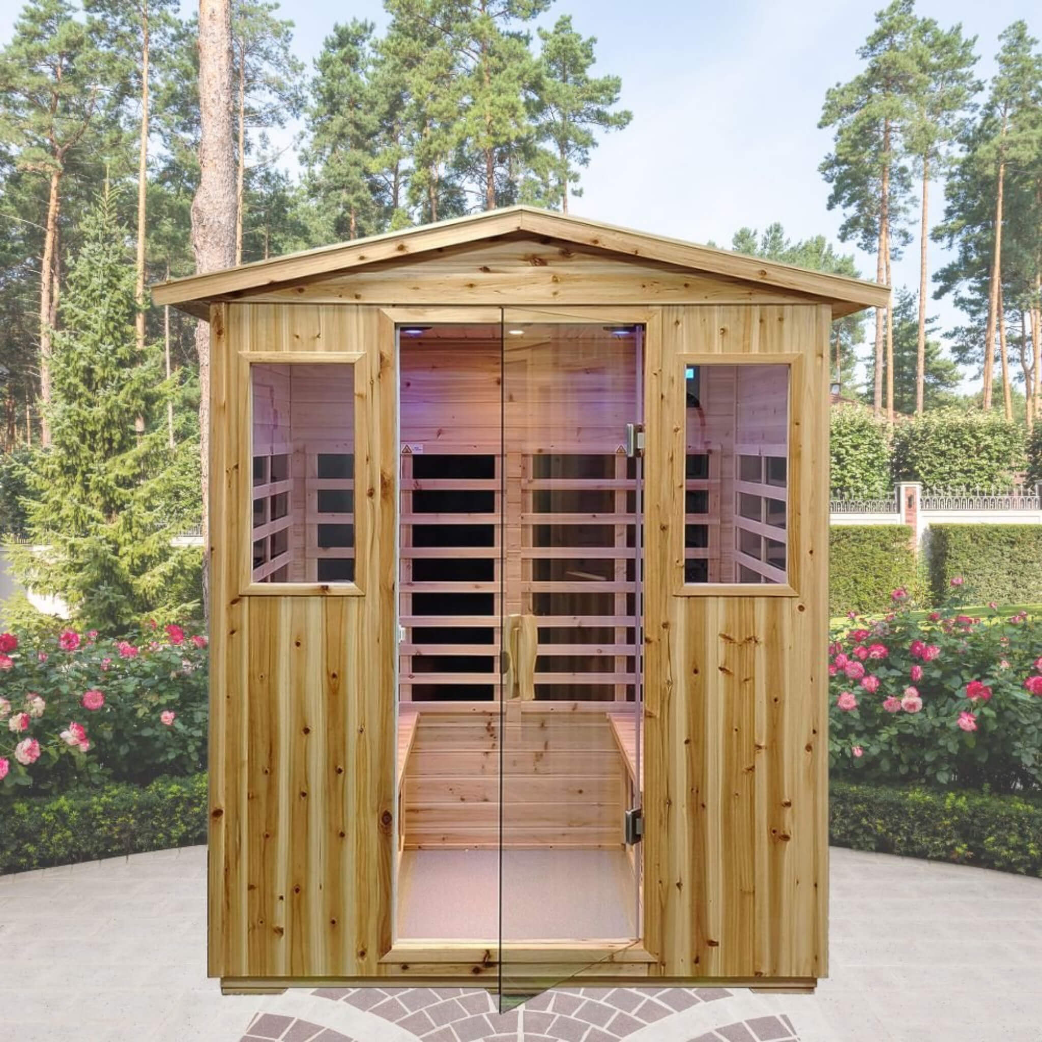 Deluxe 4-Person Outdoor Infrared Hemlock Sauna With Bluetooth Speakers & LED Lighting (SAK96371) - Energize Trek