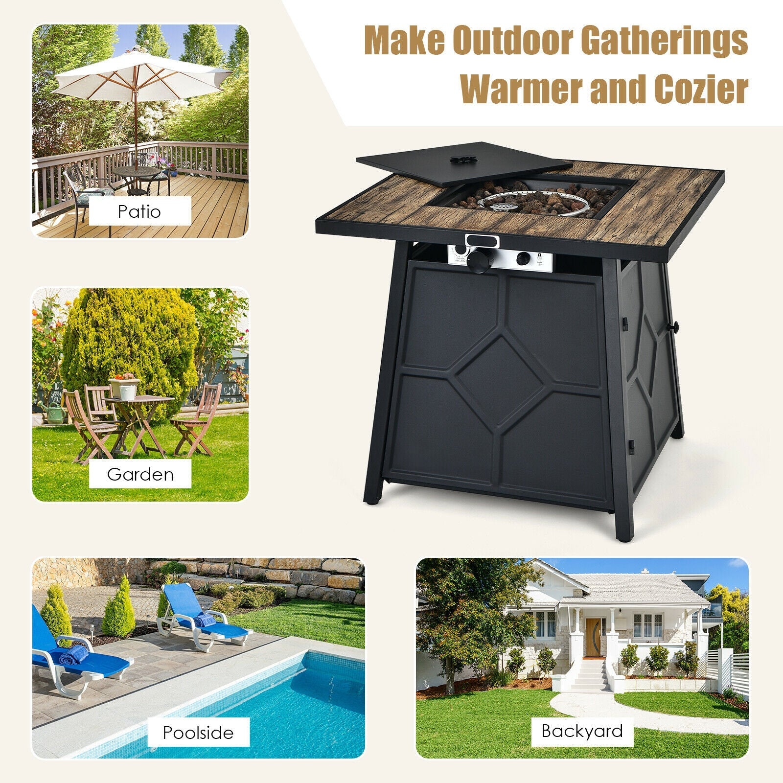 40 000 BTU 28 Inches Propane Gas Fire Pit Table With Cover - Energize Trek