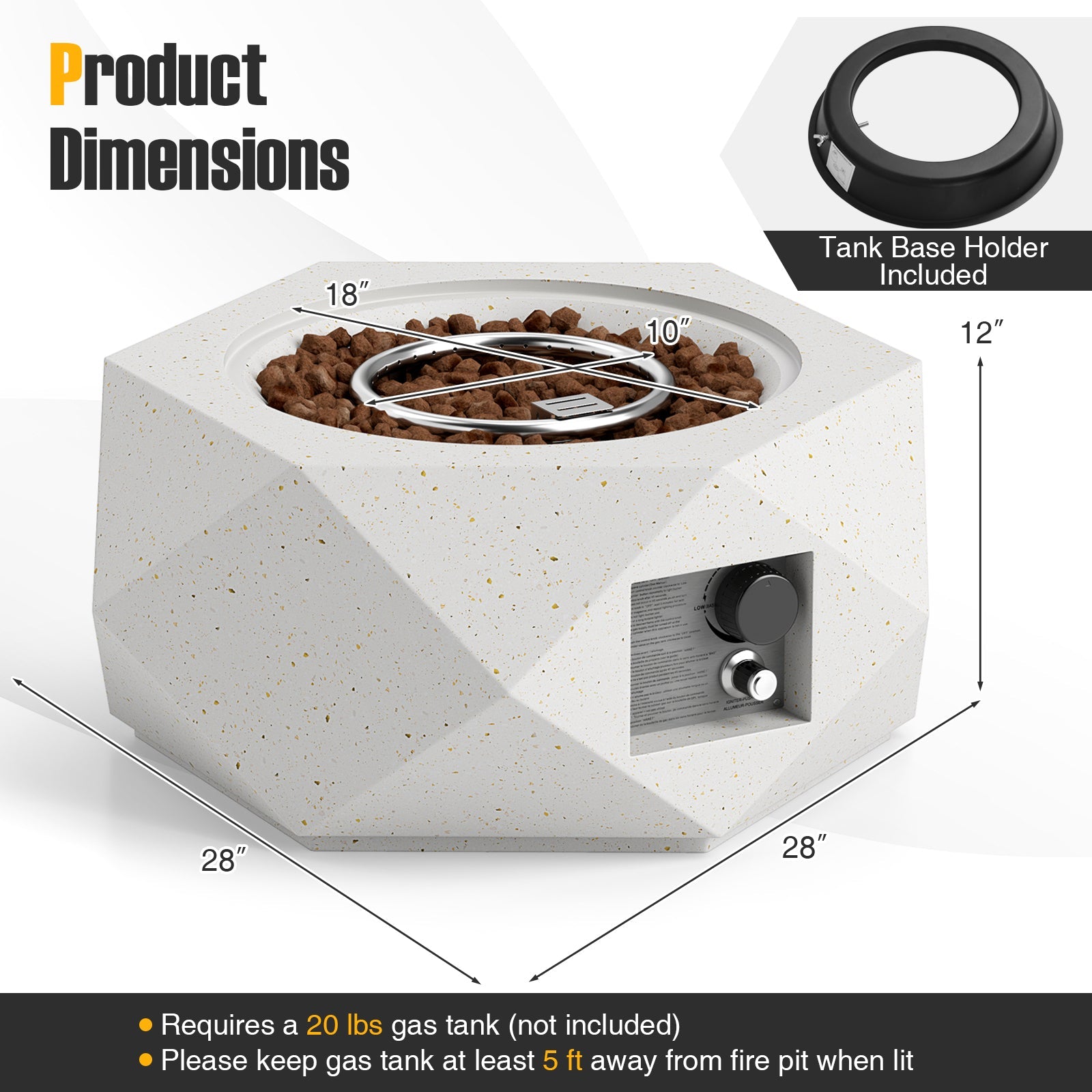 40000 BTU 28 Inch Hexagon Terrazzo Propane Fire Pit Table with Stainless Steel Burner - Energize Trek