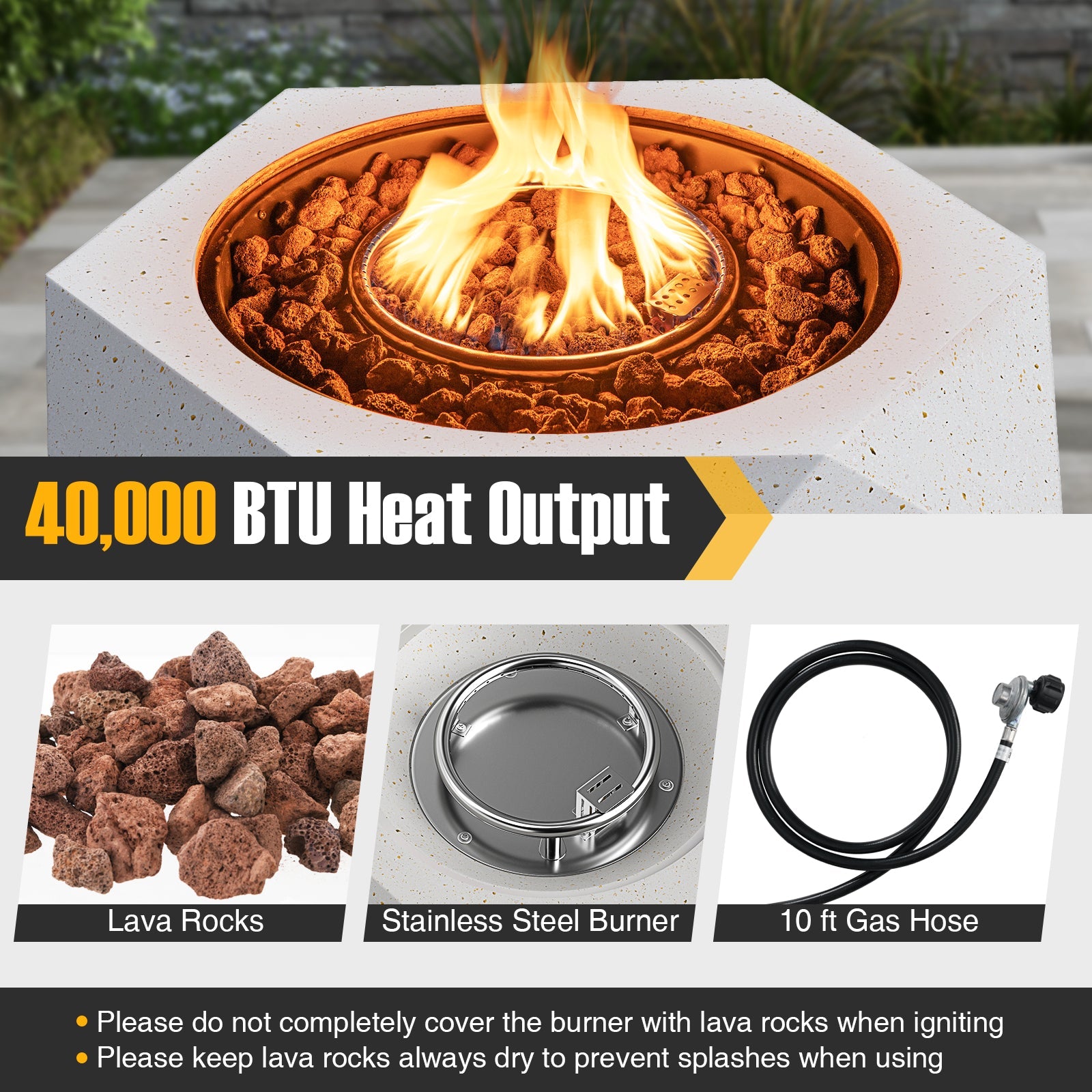40000 BTU 28 Inch Hexagon Terrazzo Propane Fire Pit Table with Stainless Steel Burner - Energize Trek