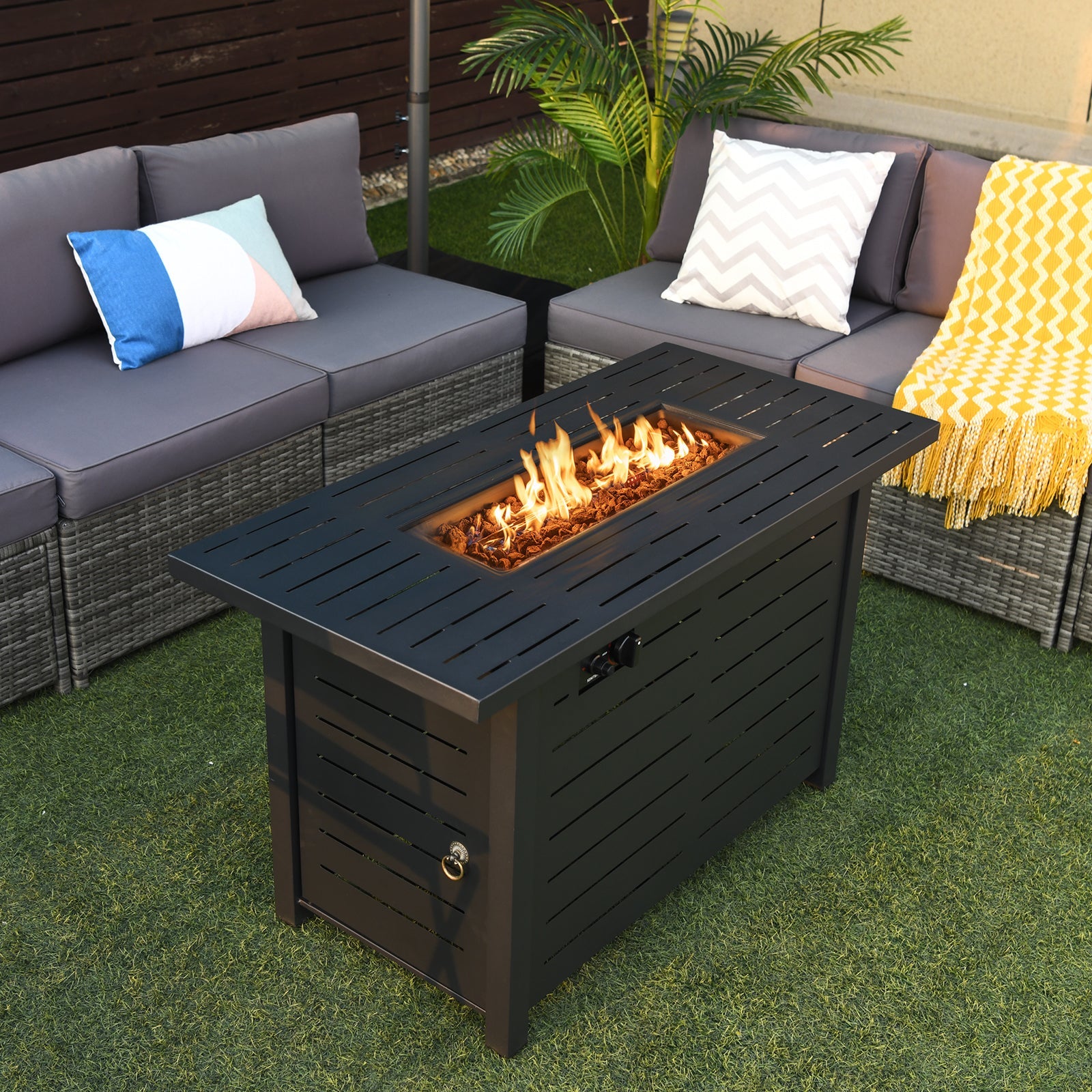 42 Inch 60 000 BTU Rectangular Propane Fire Pit Table with Waterproof Cover - Energize Trek