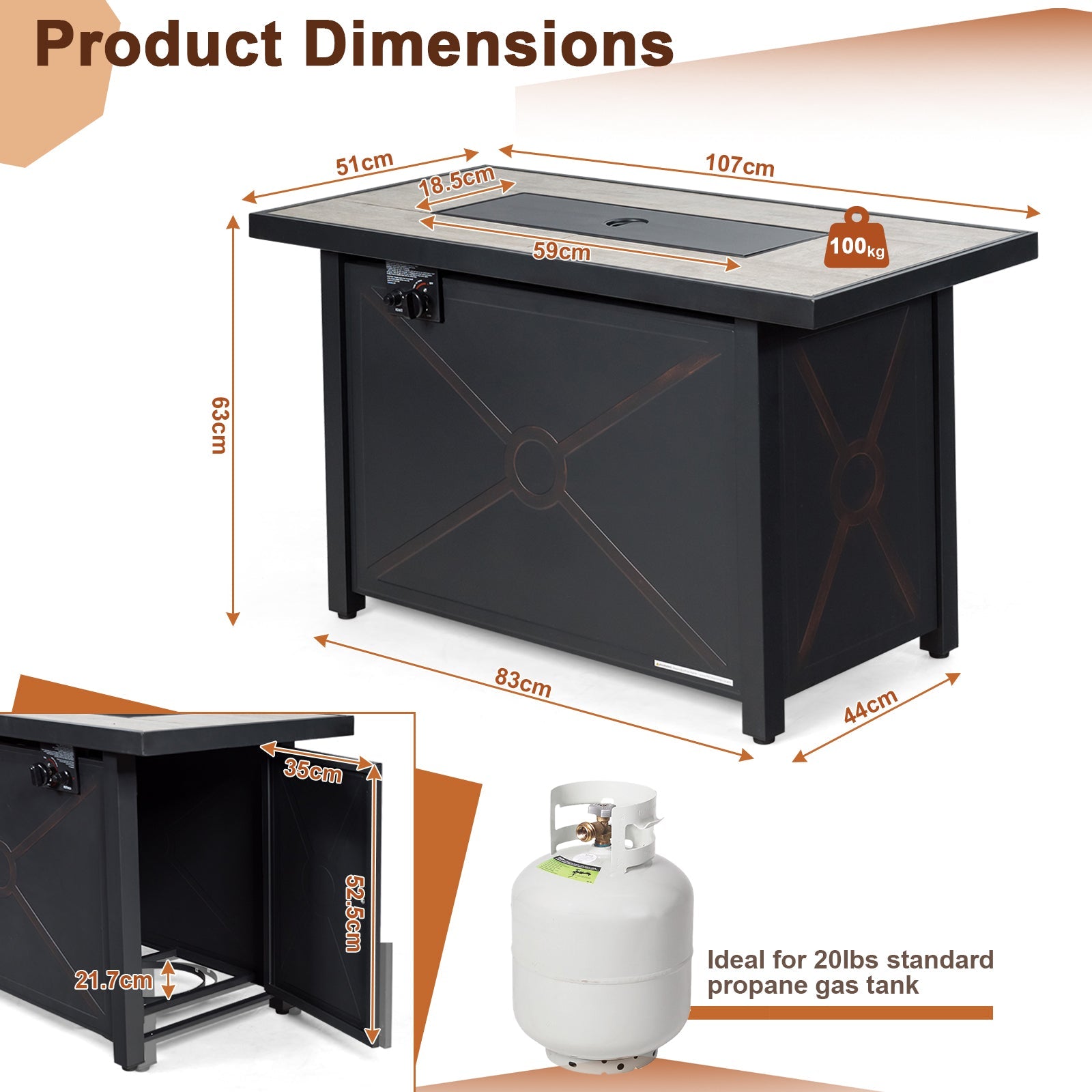 42 Inch 60000 BTU Propane Fire Pit Table with Ceramic Tabletop - Energize Trek