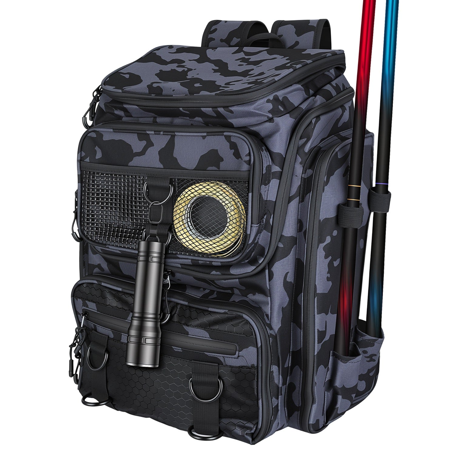 42L/11Gal Fishing Backpack Large Capacity Fishing Tackle Storage Bag with Rod Holders 16-Pocket Water-Resistant with Divider Adjustable Padded Straps - Energize Trek