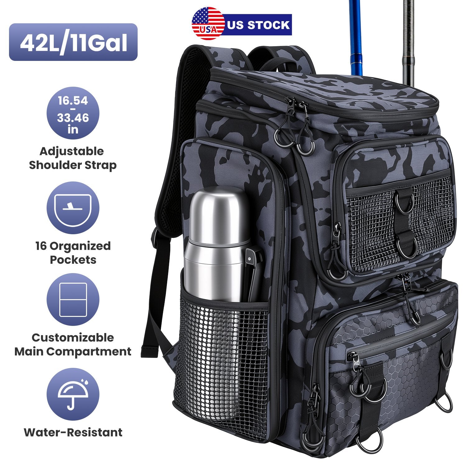 42L/11Gal Fishing Backpack Large Capacity Fishing Tackle Storage Bag with Rod Holders 16-Pocket Water-Resistant with Divider Adjustable Padded Straps - Energize Trek