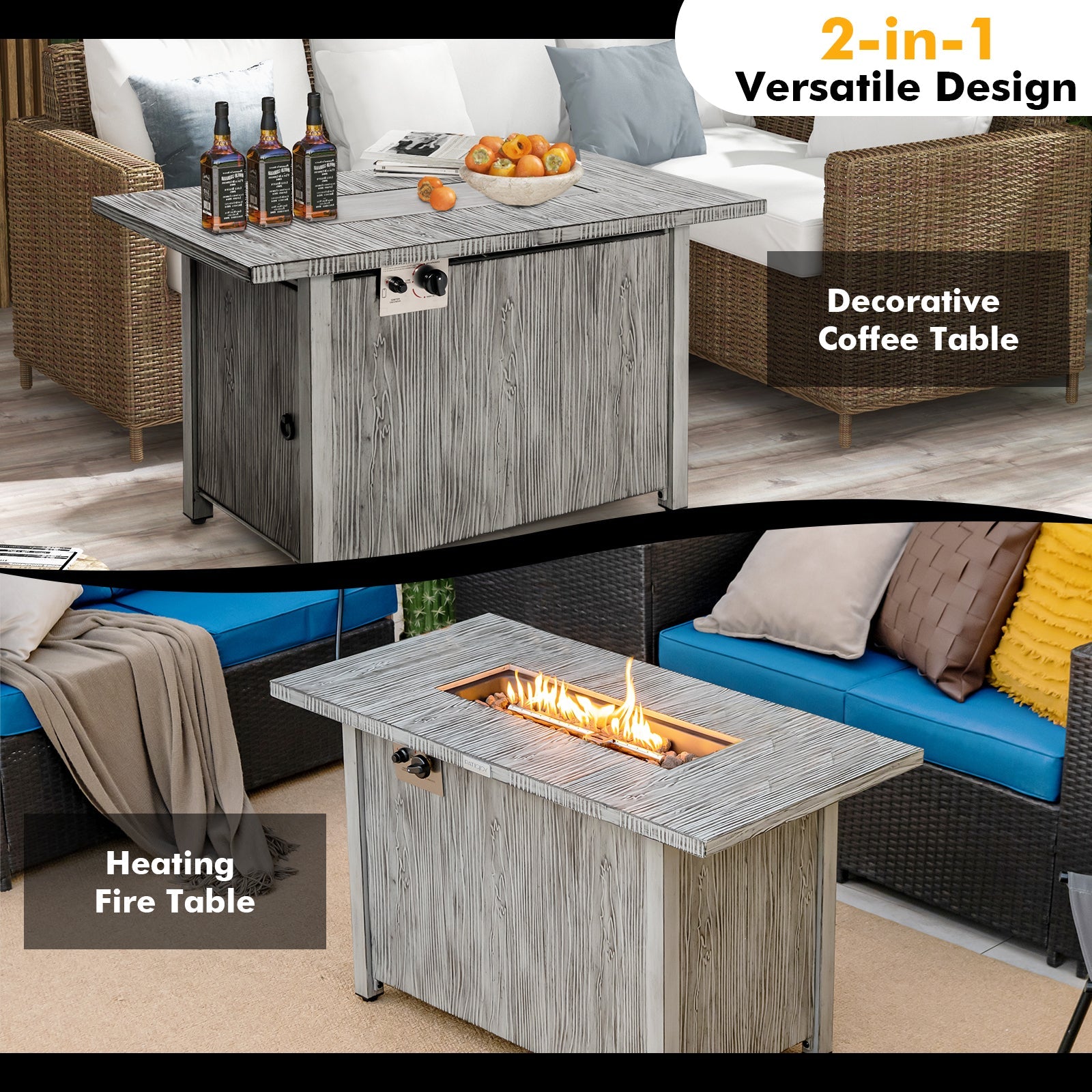 43 Inch 50 000 BTU Propane Fire Pit Table with Removable Lid-Gray - Energize Trek
