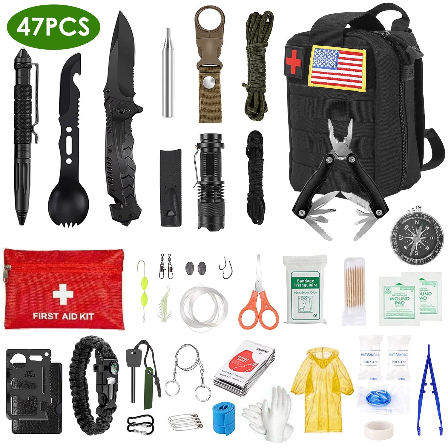 47Pcs Emergency Survival Kit Survival EDC Gear Equipment Tool First Aid Supplies Kit Tools with Pouch for Hiking Hunting Disaster Camping Adventure - Energize Trek
