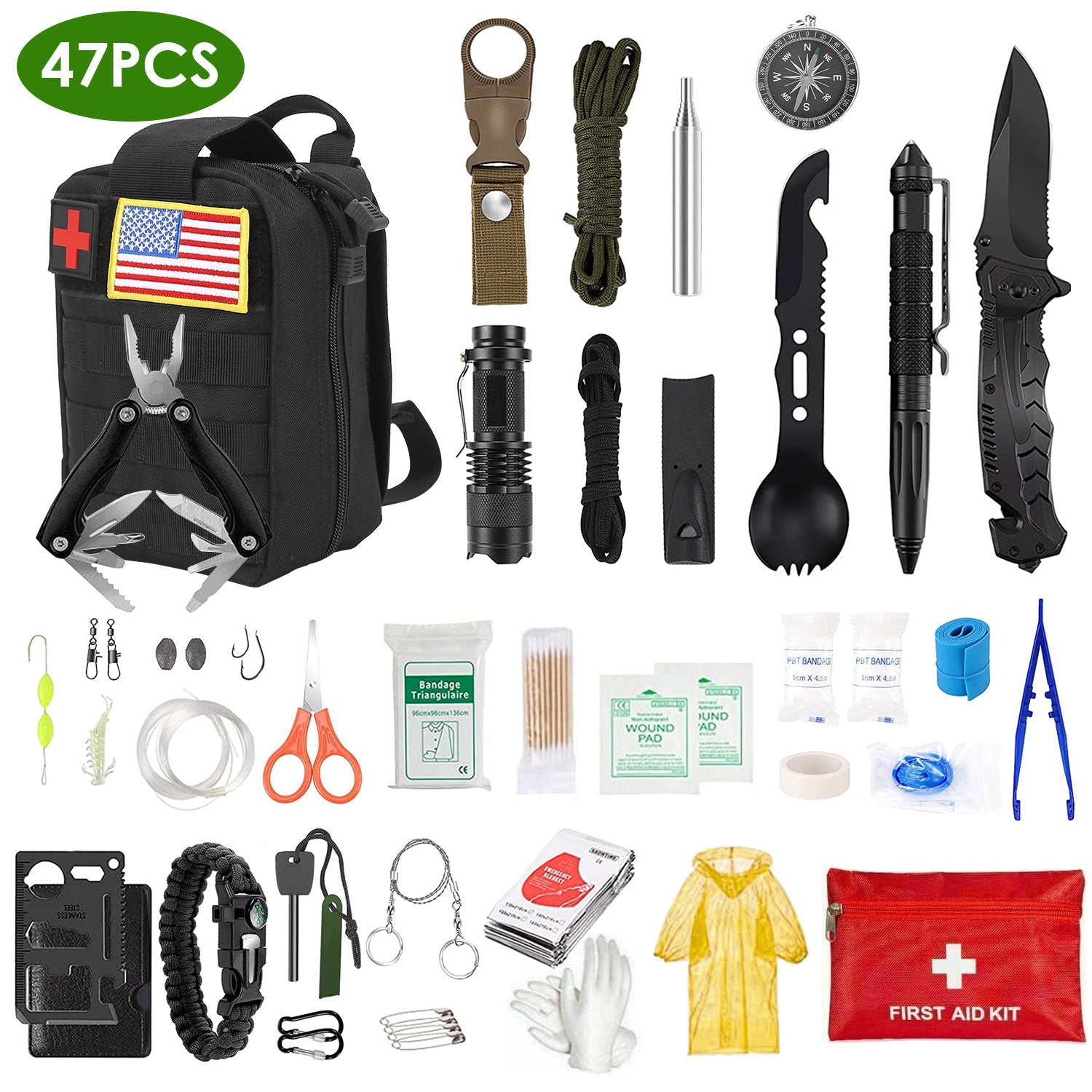 47Pcs Emergency Survival Kit Survival EDC Gear Equipment Tool First Aid Supplies Kit Tools with Pouch for Hiking Hunting Disaster Camping Adventure - Energize Trek