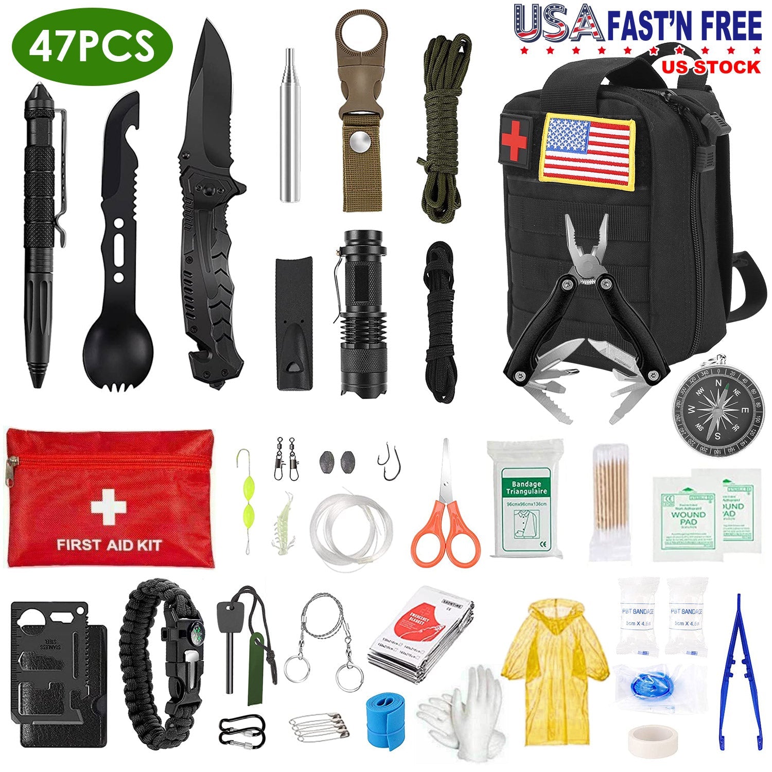 47Pcs Emergency Survival Kit Survival EDC Gear Equipment Tool First Aid Supplies Kit Tools with Pouch for Hiking Hunting Disaster Camping Adventure - Energize Trek