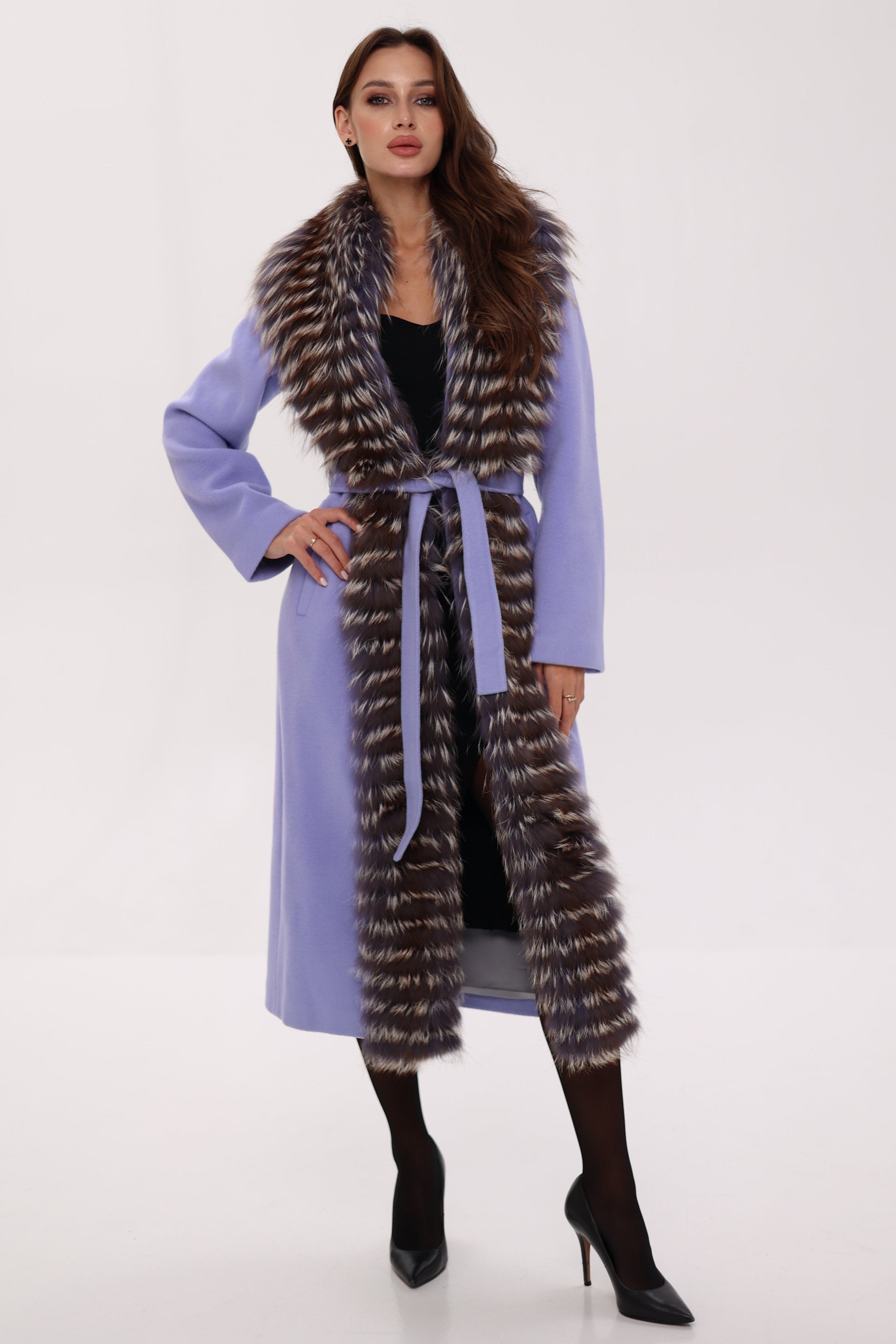 Genuine Silver Fox Virgin Wool Wrap Coat in Lavender - Energize Trek