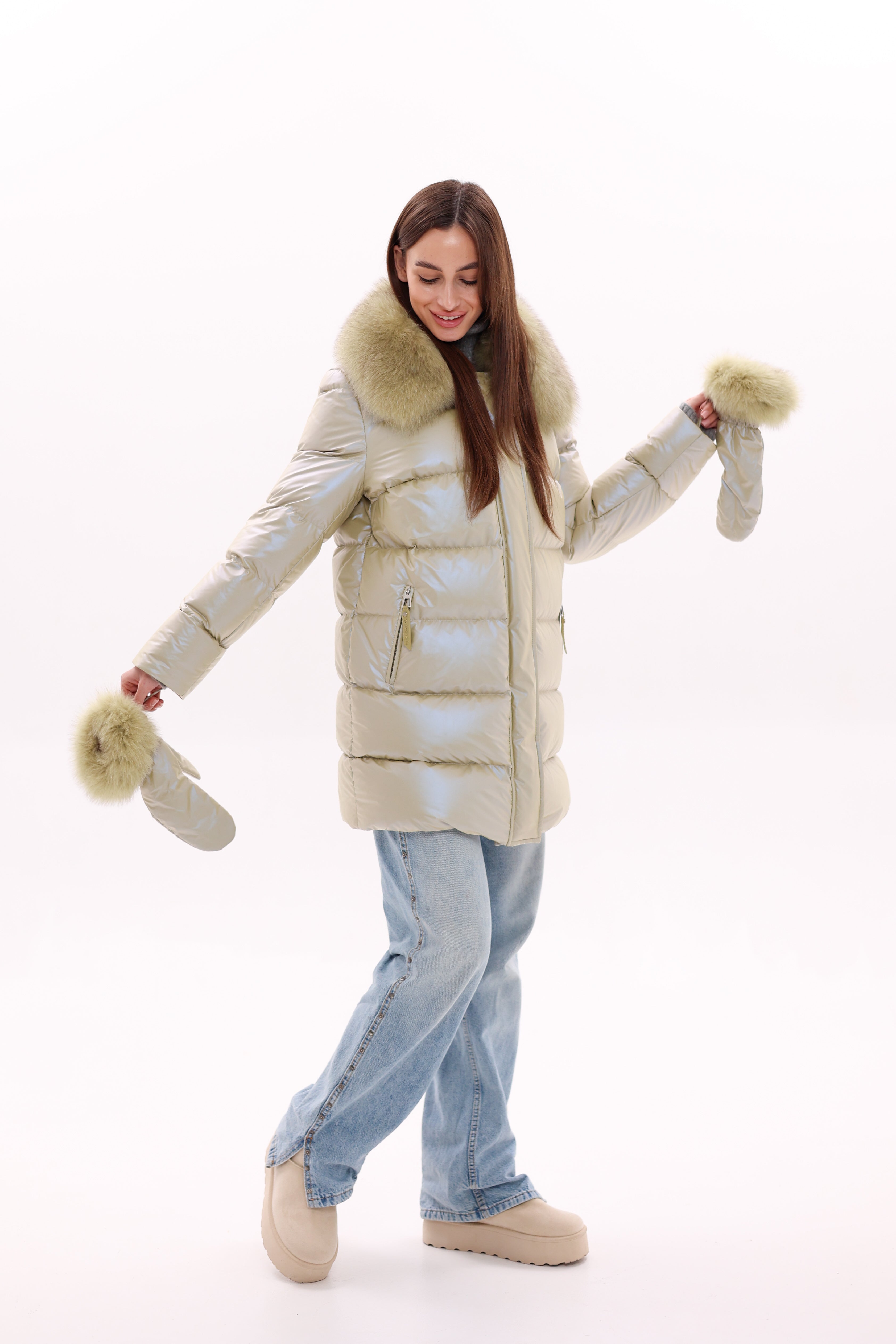 Genuine Fox Fur Down Coat with Fur Trim Mittens - Energize Trek