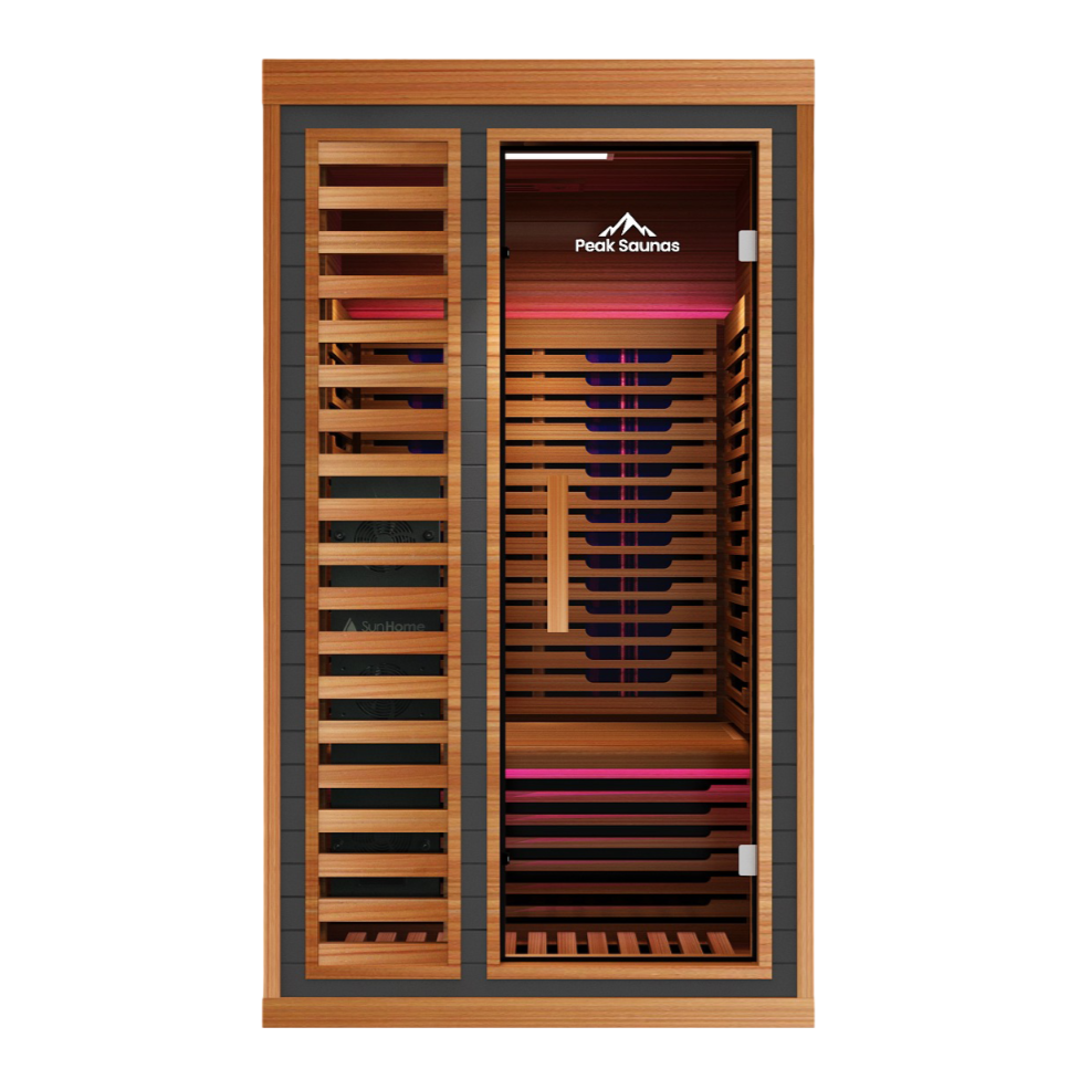 Peak Saunas Rainier 1-Person Full Spectrum Infrared Sauna with XL Medical-Grade Red Light Therapy & Smart WiFi App Control - Energize Trek