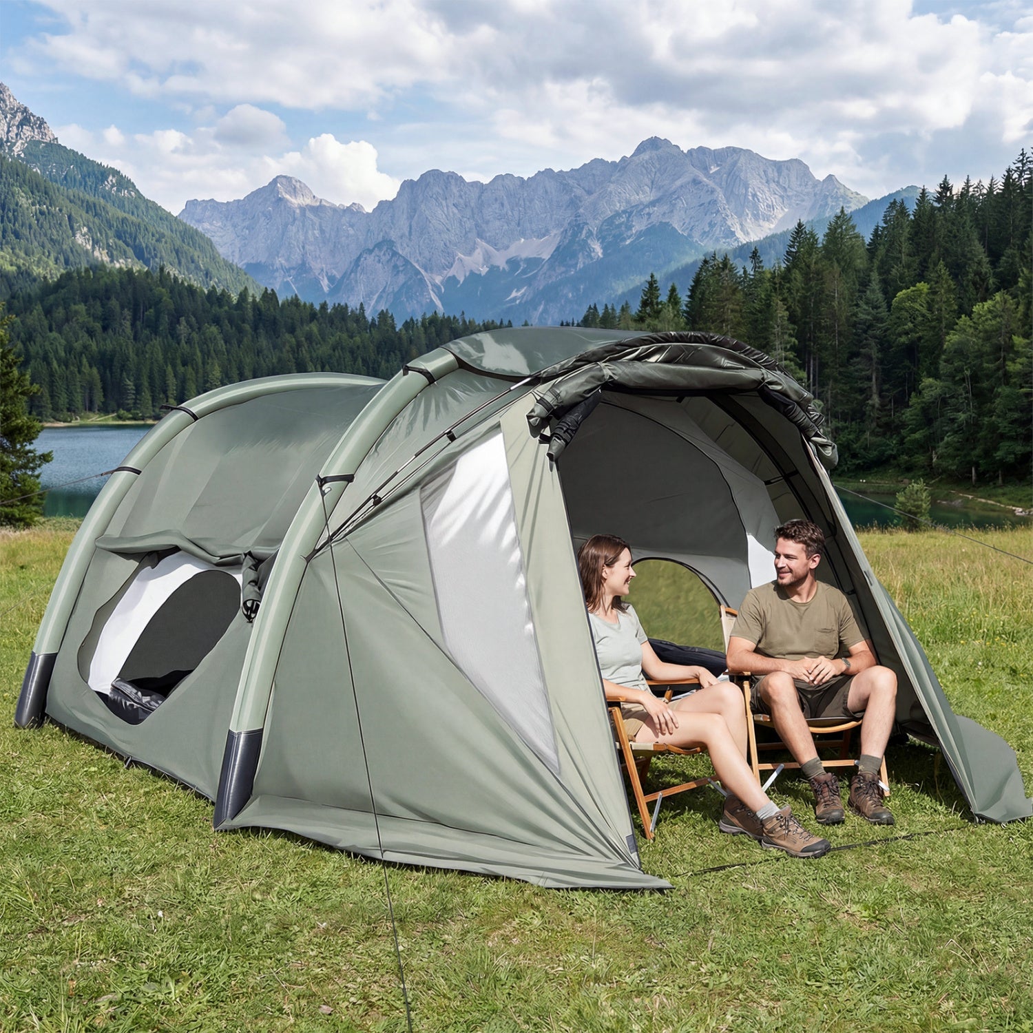 5-7 Person Inflatable Camping Tent with Screened Porch-Green - Energize Trek