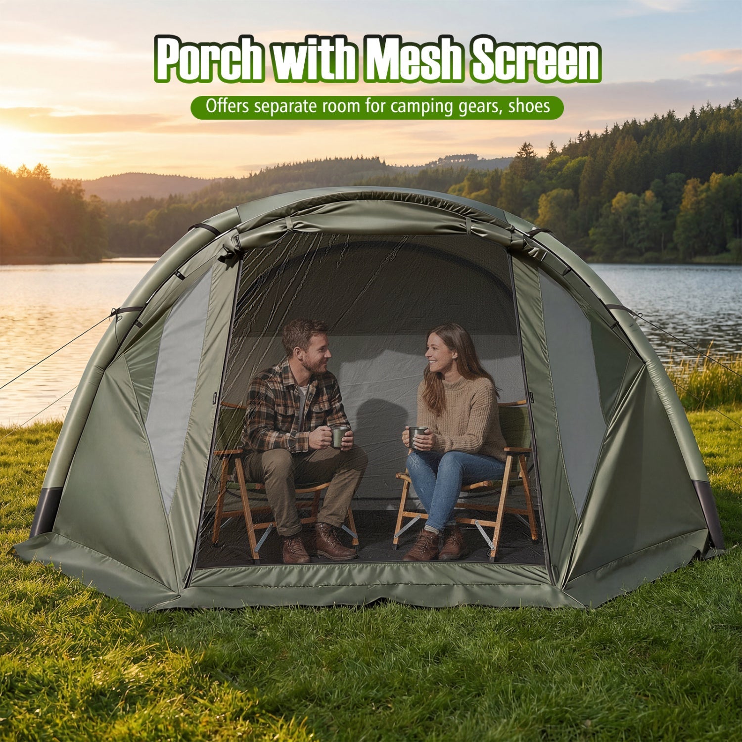 5-7 Person Inflatable Camping Tent with Screened Porch-Green - Energize Trek