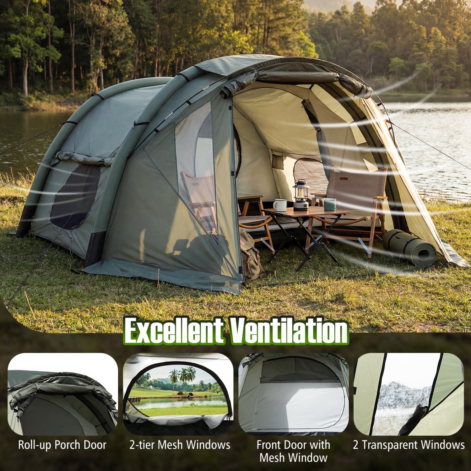 5-7 Person Inflatable Camping Tent with Screened Porch-Green - Energize Trek