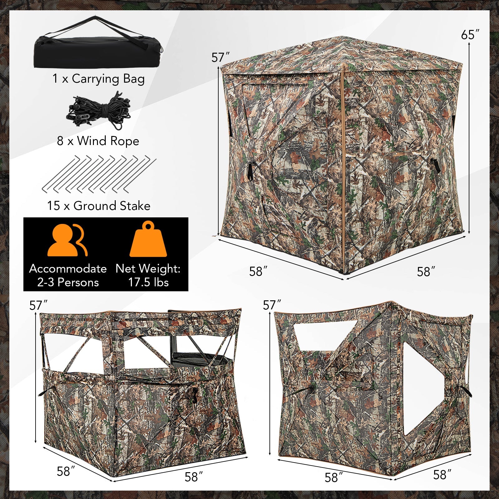 5-IN-1 Detachable Hunting Blind for 2-3 People with Skylight - Energize Trek