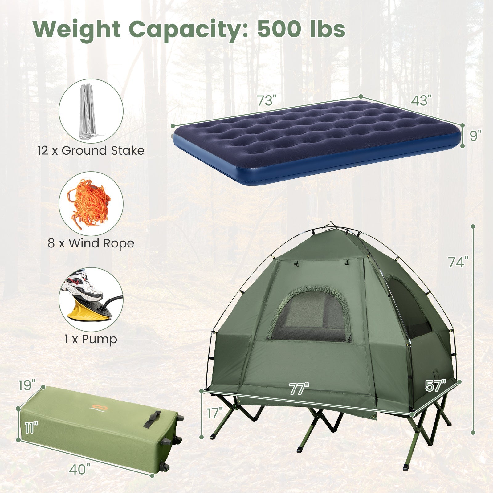 5-in-1 2-Person Foldable Outdoor Camping Tent Cot with Air Mattress and Sleeping Bag - Energize Trek