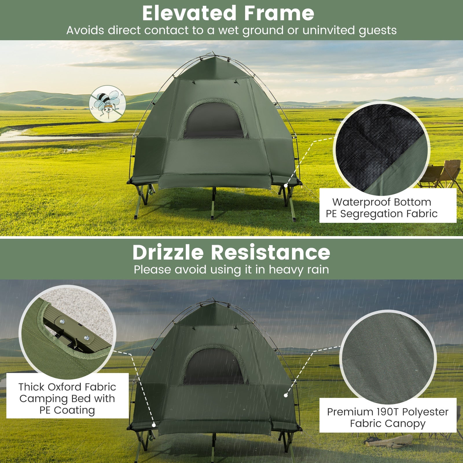 5-in-1 2-Person Foldable Outdoor Camping Tent Cot with Air Mattress and Sleeping Bag - Energize Trek
