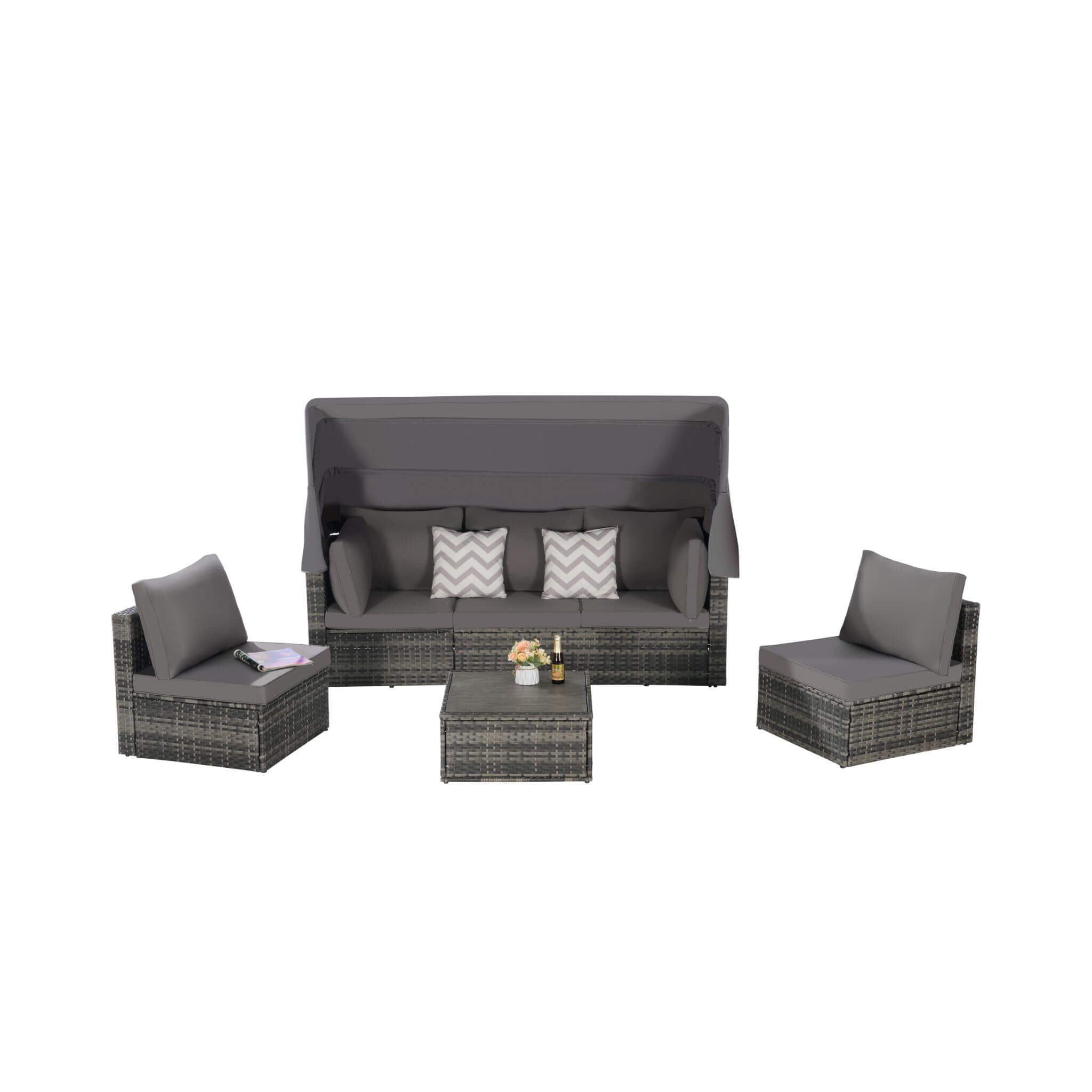 5 PCS Outdoor Patio Wicker Daybed Furniture Set With Retractable Canopy (SAK37816) - Energize Trek