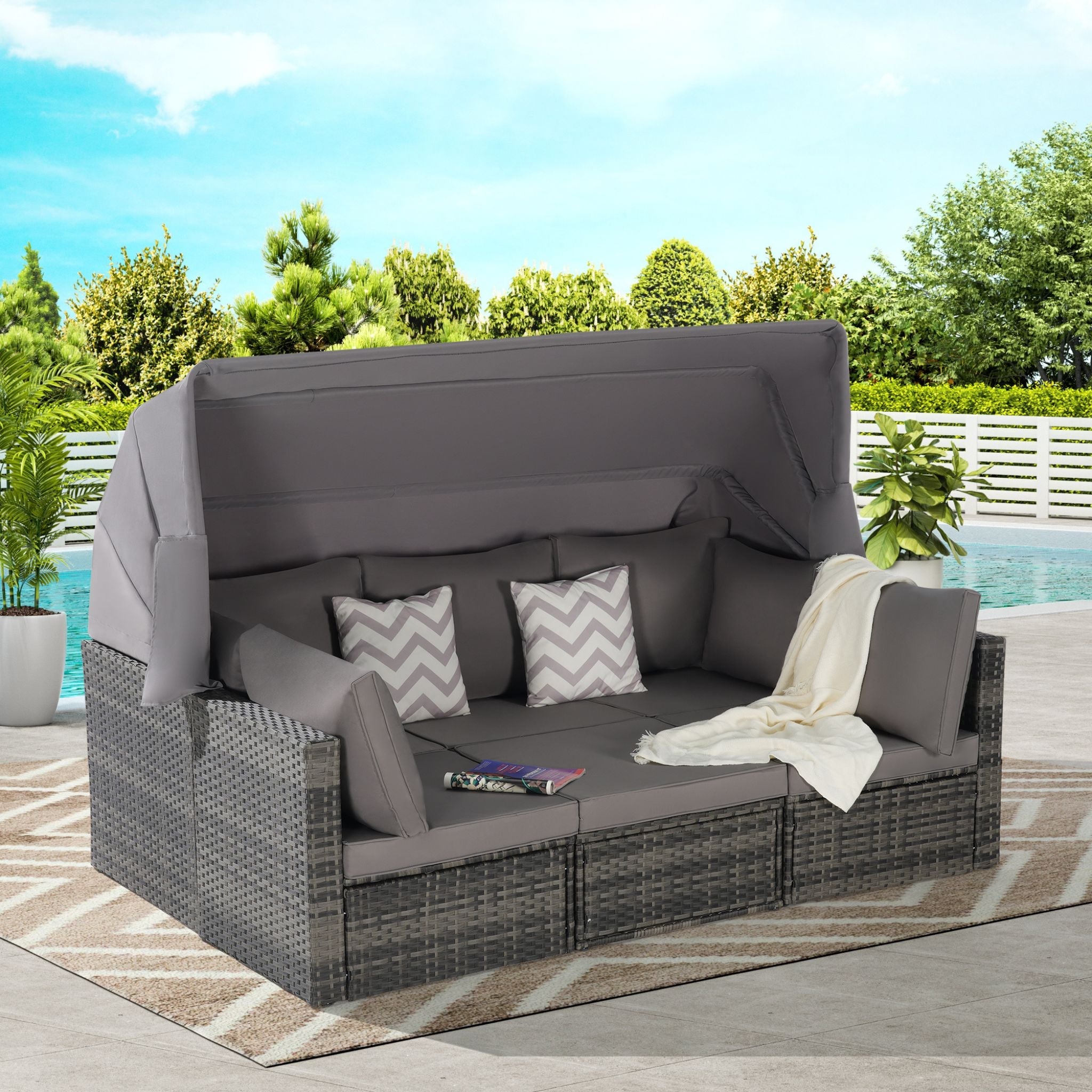 5 PCS Outdoor Patio Wicker Daybed Furniture Set With Retractable Canopy (SAK37816) - Energize Trek
