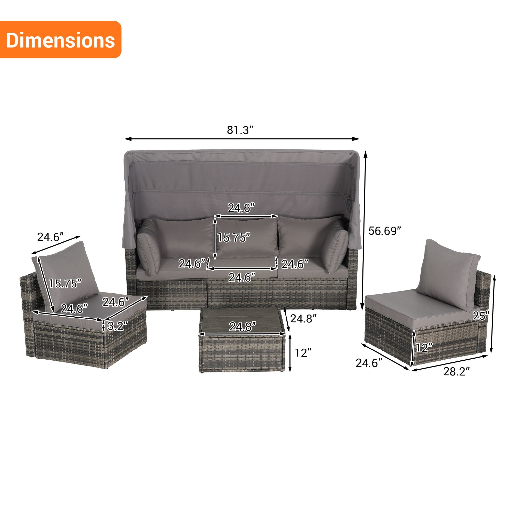 5 PCS Outdoor Patio Wicker Daybed Furniture Set With Retractable Canopy (SAK37816) - Energize Trek