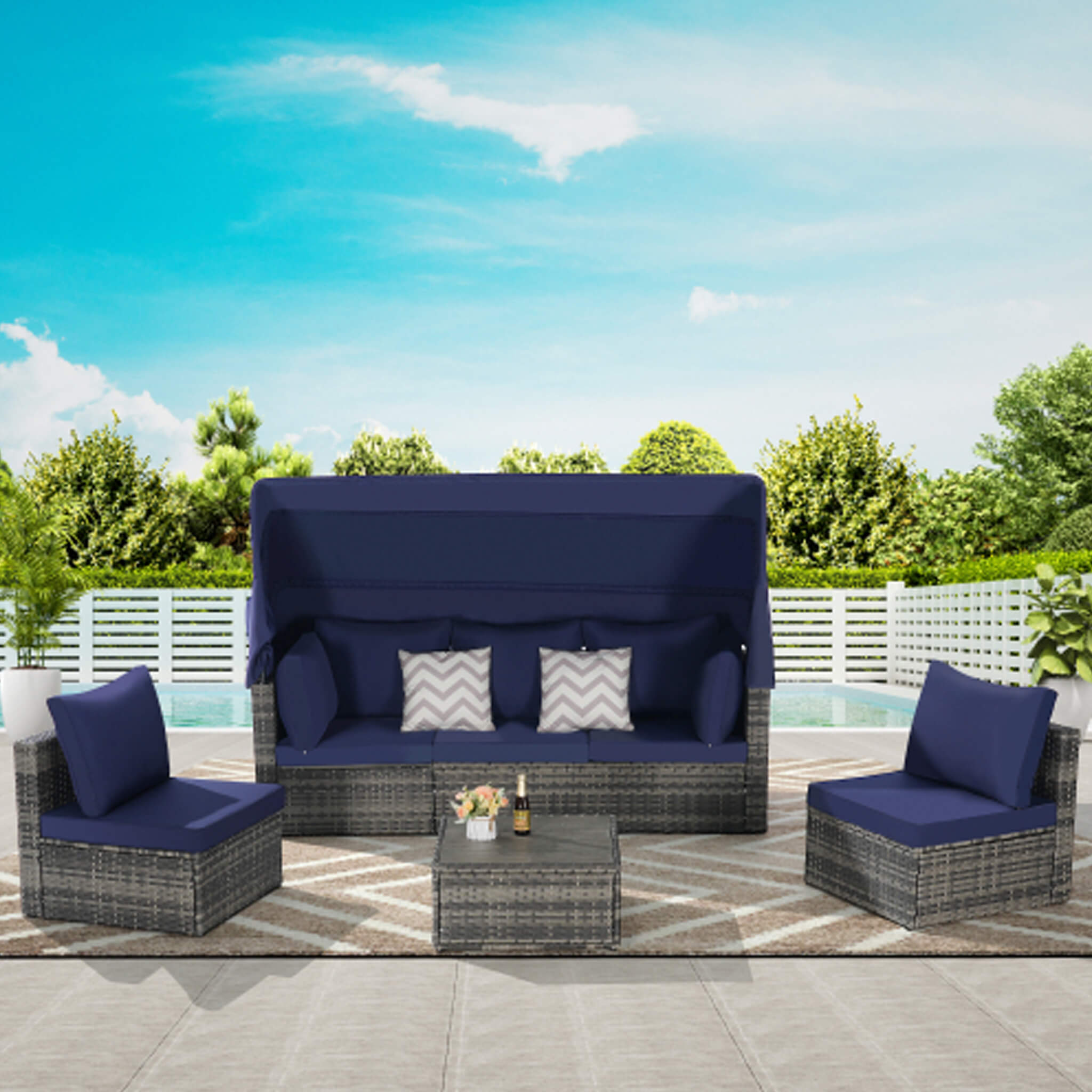 5 PCS Outdoor Patio Wicker Daybed Furniture Set With Retractable Canopy (SAK37816) - Energize Trek
