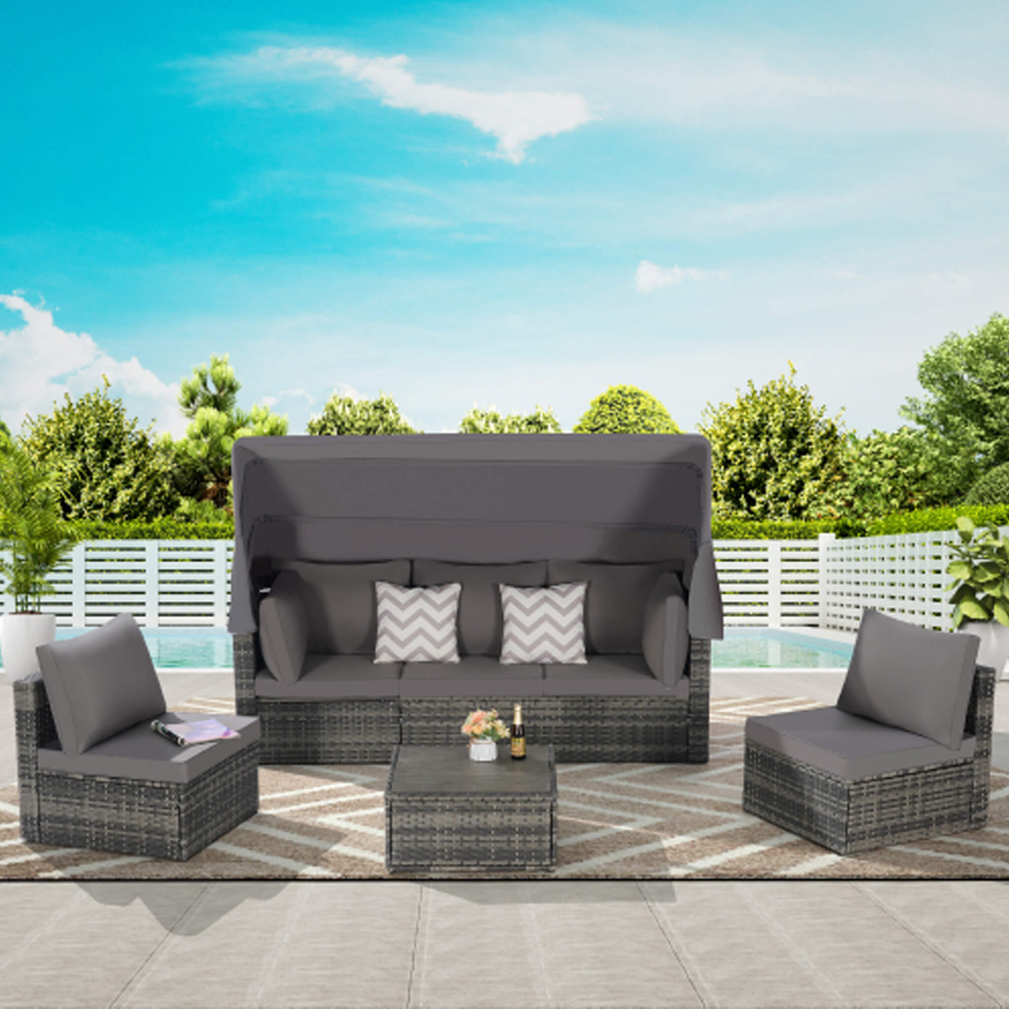 5 PCS Outdoor Patio Wicker Daybed Furniture Set With Retractable Canopy (SAK37816) - Energize Trek