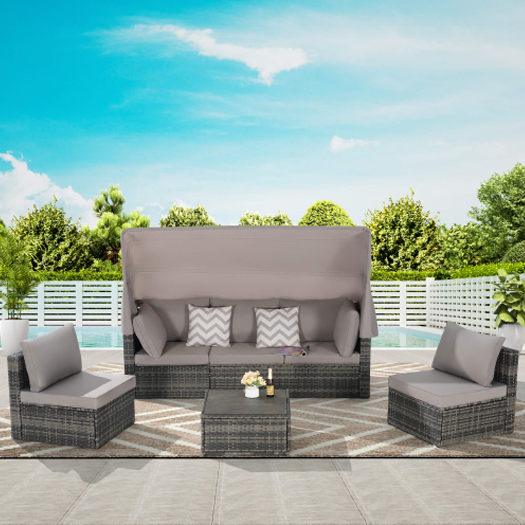 5 PCS Outdoor Patio Wicker Daybed Furniture Set With Retractable Canopy (SAK37816) - Energize Trek