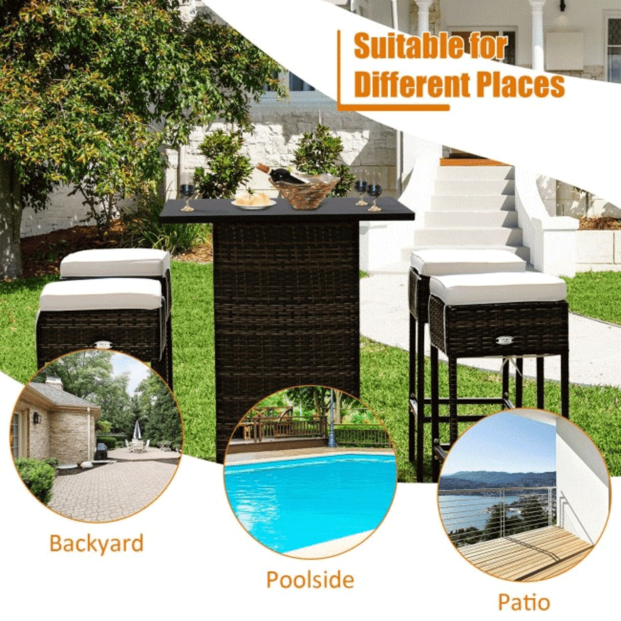 5 PCS Patio Rattan Bar Table Stool Set With Hidden Storage Shelf & Cushions (SAK14645) - Energize Trek