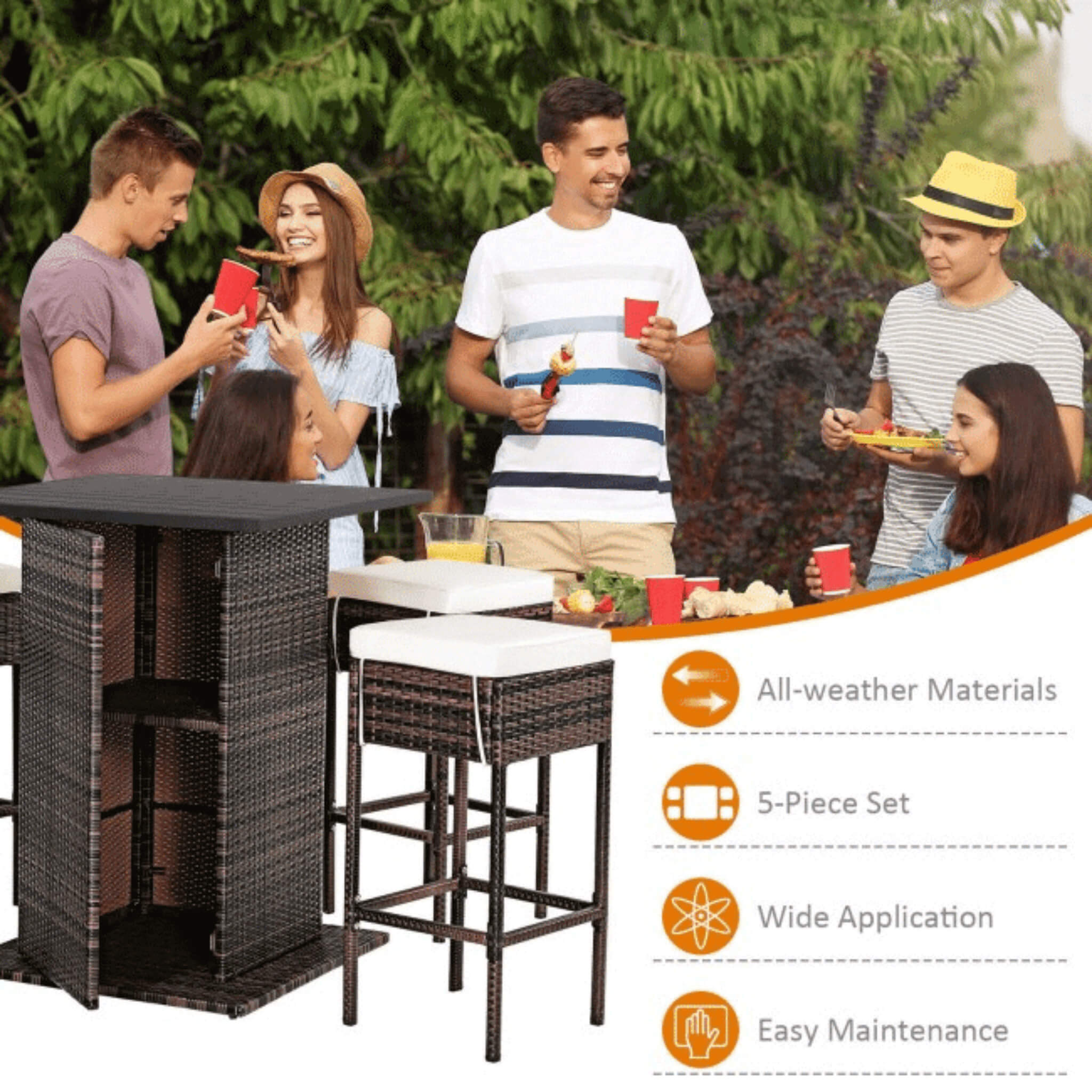 5 PCS Patio Rattan Bar Table Stool Set With Hidden Storage Shelf & Cushions (SAK14645) - Energize Trek